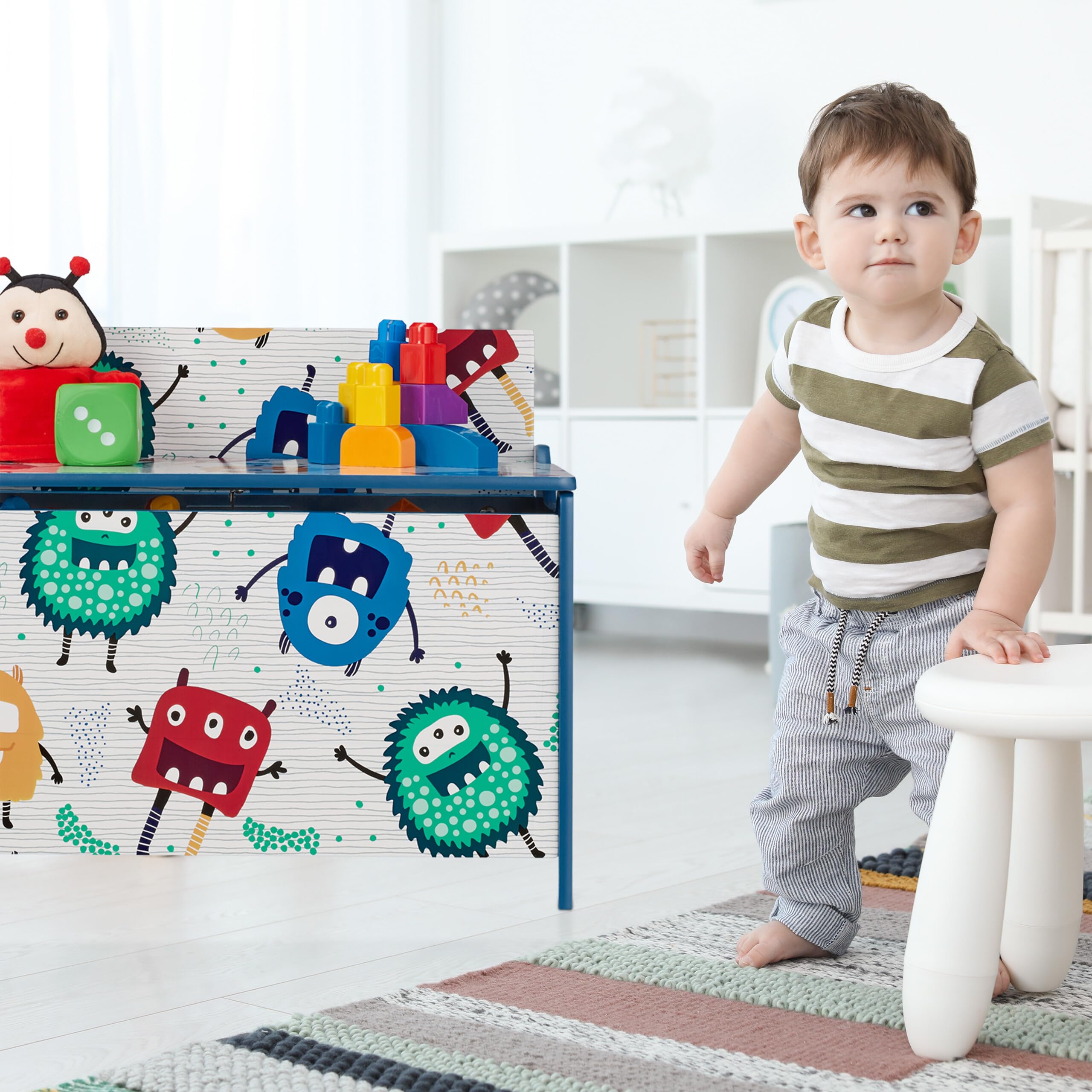 Relaxdays Spielzeugtruhe, Monster-Design, Spielzeugkiste mit Deckel, HBT: 50x60x36,5 cm, MDF, Spielzeugbox, blau/weiß