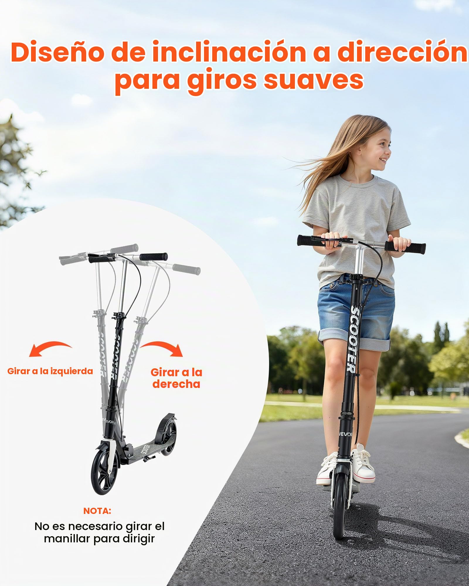VEVOR Patinete a Niños a Partir de 8 Años, 2 Ruedas, con Manillar Regulable en Altura y Base Antideslizante, Freno Mano, Marco de Aleación Aluminio, hasta 100 kg, Negro Plata, 900 x 380 x 1000 mm