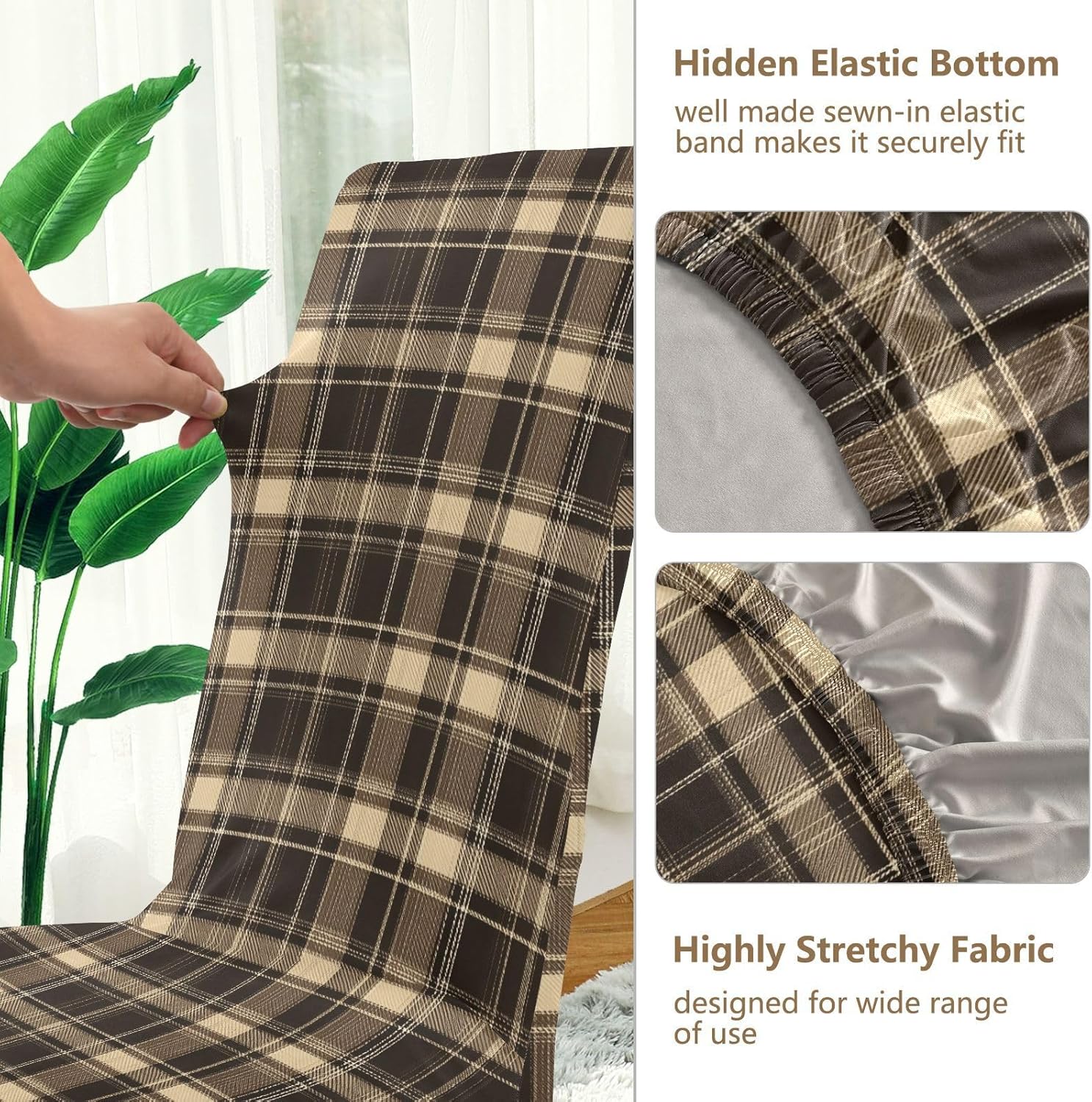 ALAZA Chair Covers for Dining Room, Brown Tartan Plaid Print Stretch Chair Cover Sets Chair Protector Removable Washable for Ktichen Restaurant Hotel