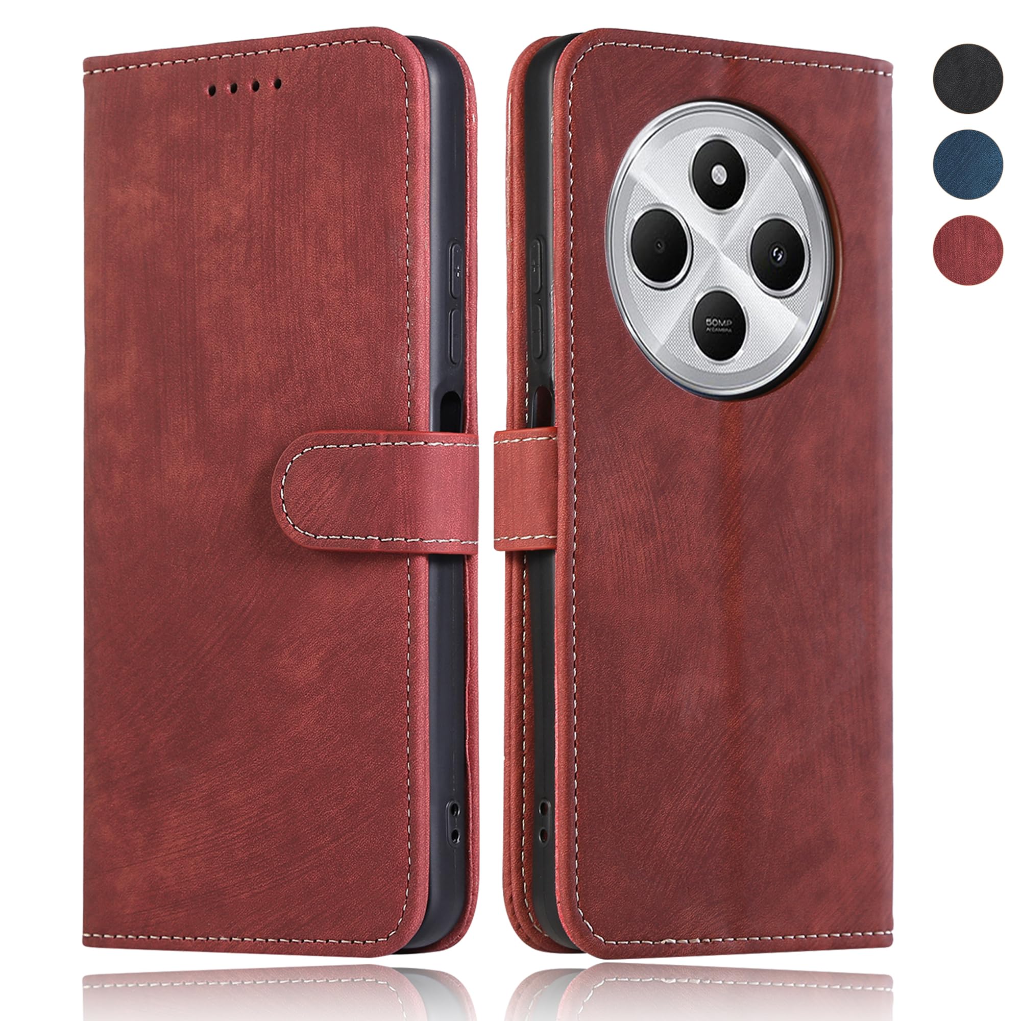 binandteam Cover a Libro per Xiaomi Redmi 14C 4G / Redmi A4 5G (6.88) con Vetro Temperato,Custodia in Pelle PU Magnetica Flip Porta Carte Wallet Supporto Portafoglio Case - Rot