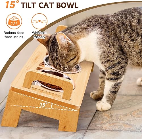 Miniatura 4 de Tazón elevado de comida para gatos, 3 cuencos elevados de acero inoxidable para gatos con soporte, cuenco inclinado de 15 para gatos pequeños, juego