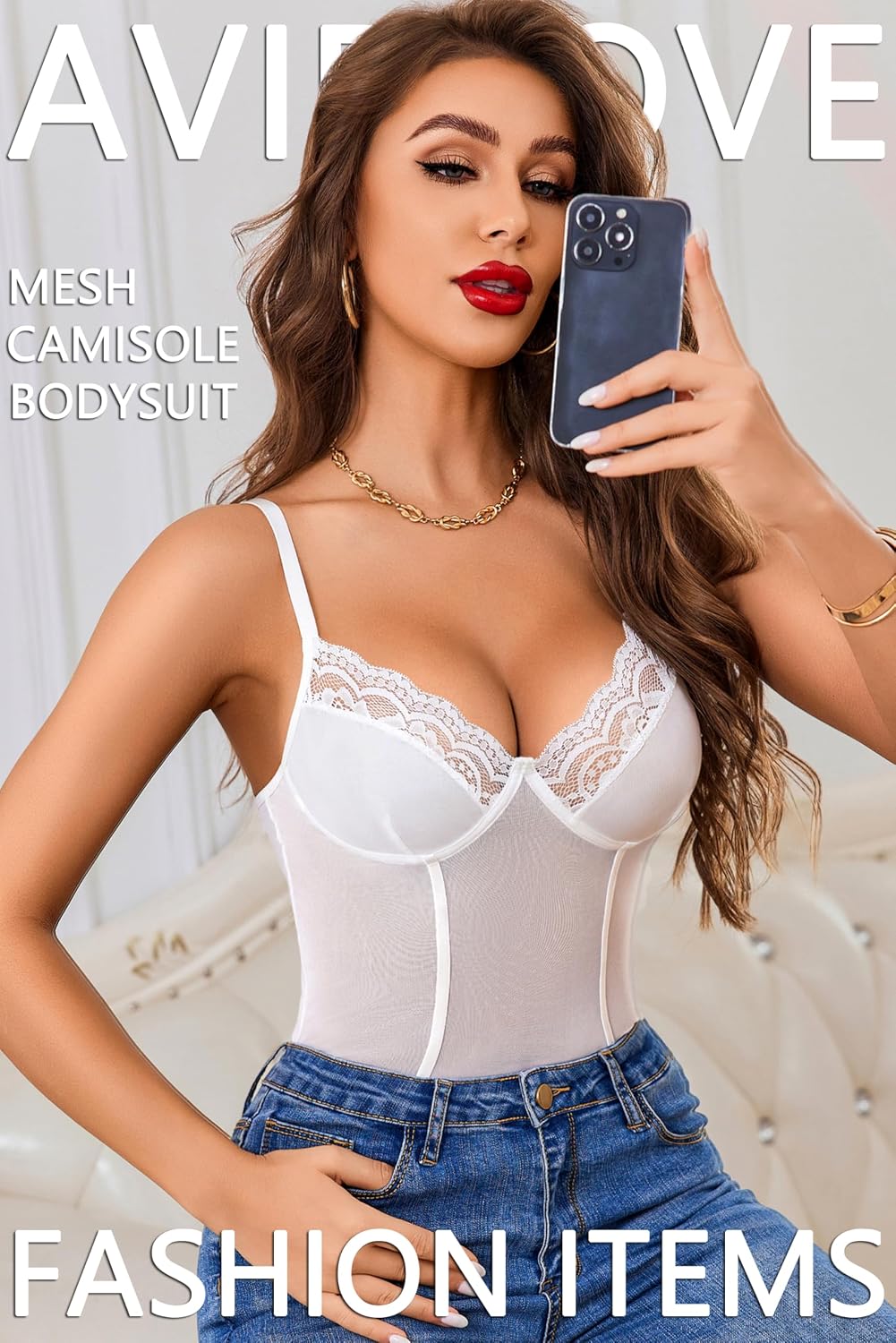 Avidlove Women's Sheer Mesh Bodysuit with Lace Trim Sexy Camisole Date Nights Clubwear