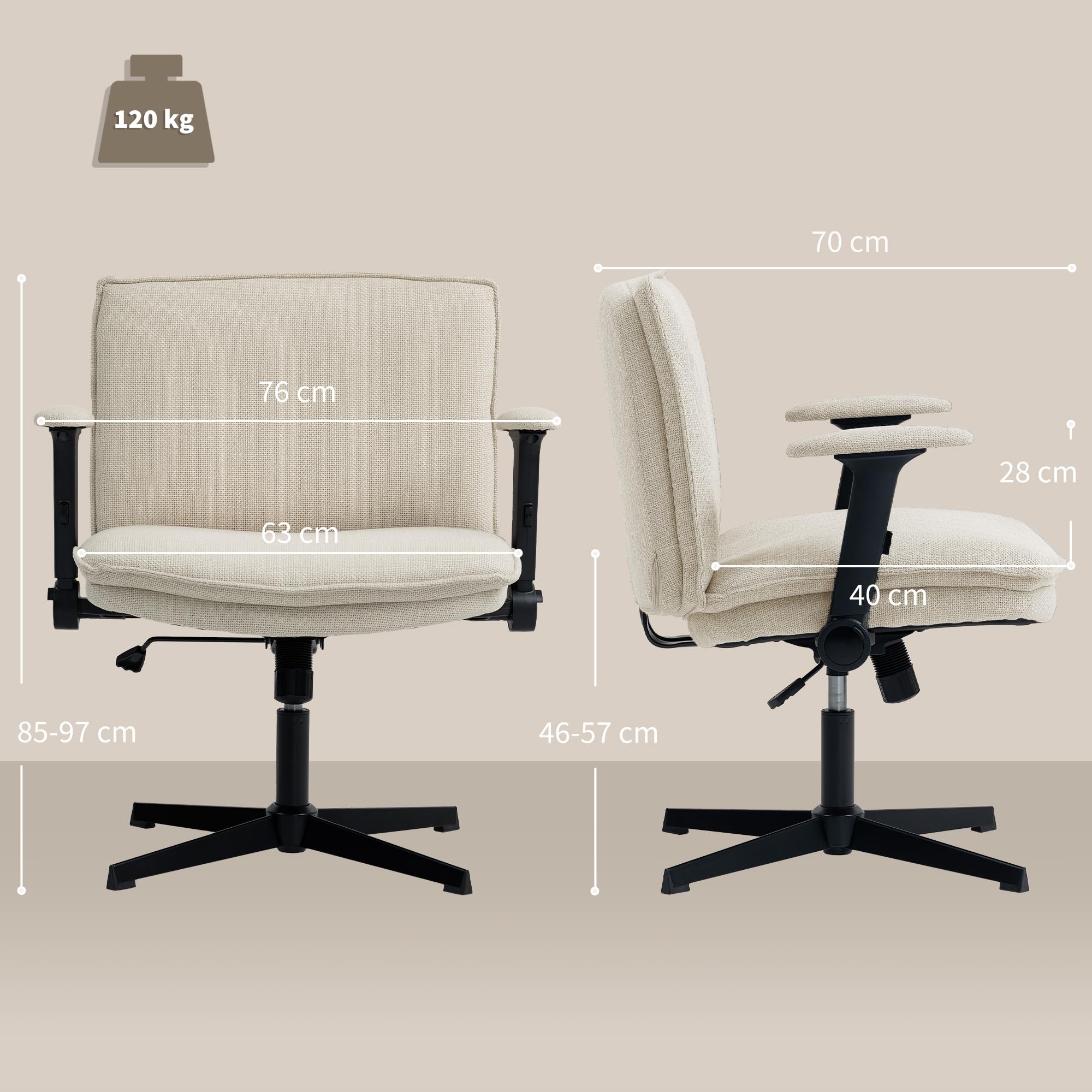 HOMCOM Silla de Oficina Piernas Cruzadas sin Ruedas Crema | Silla Escritorio, Asiento Ancho 63 cm, Reposabrazos Abatible, Altura Ajustable, Giratoria, Función Basculante, Tapizada Lino