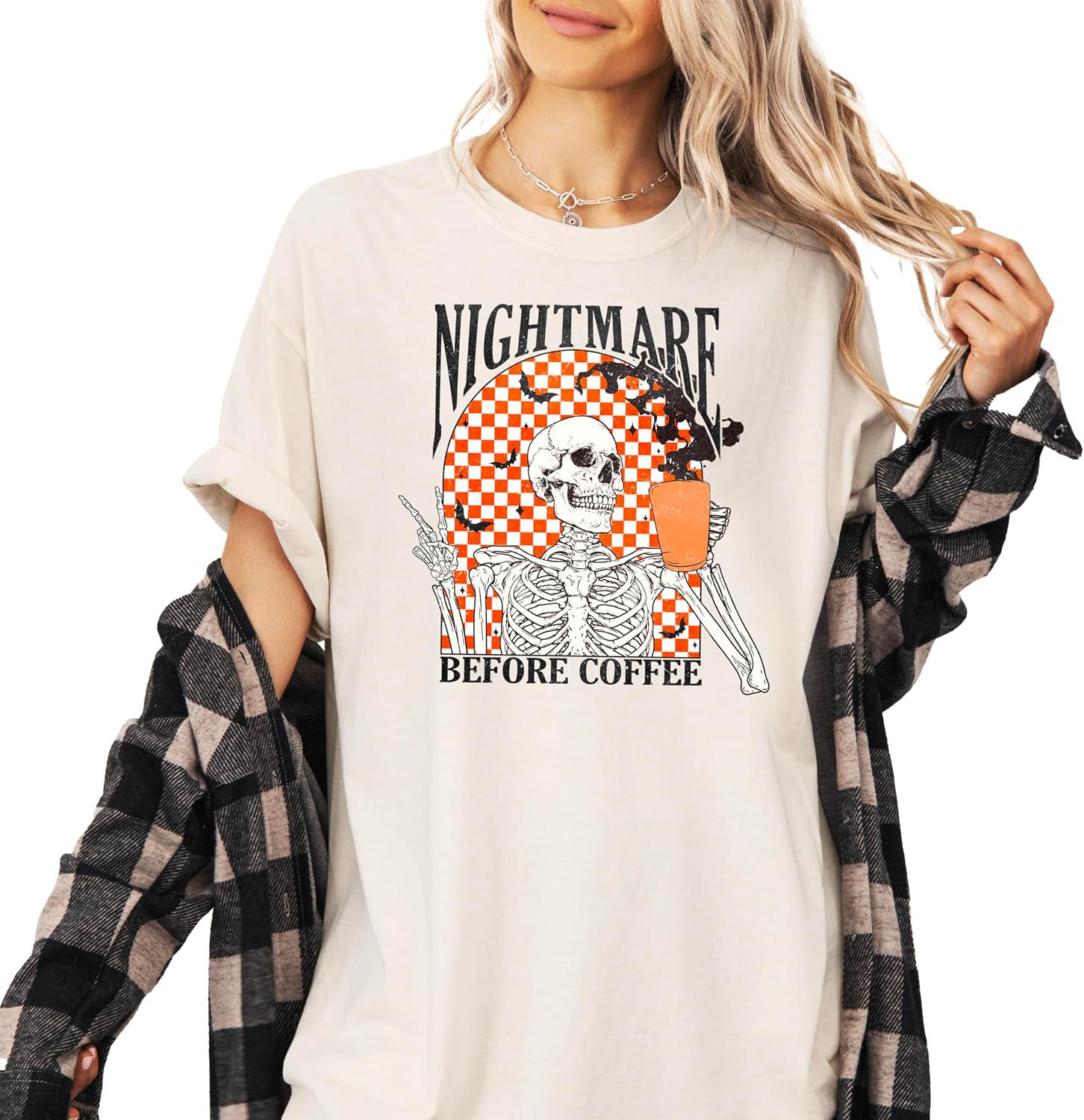 Nightmare Before Coffee Halloween T-Shirt for Women and Teens Funny Retro Skeleton and Bats Tee