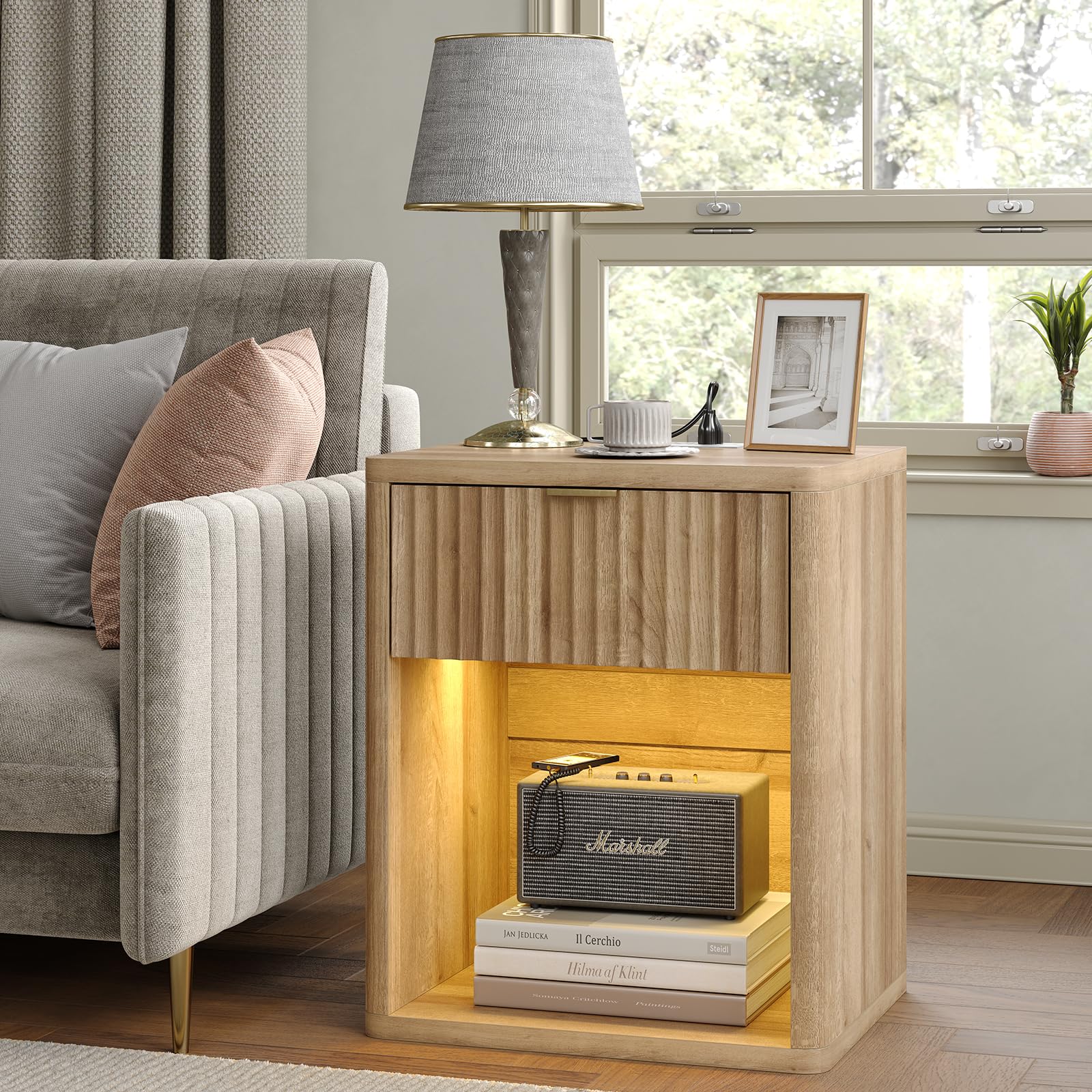 FUSOU Fluted Night Stand with Charging Station & LED Lights, Modern Floor-Hugging Bedside Table with Outlets/USB for Bedroom, Wood Side Table with