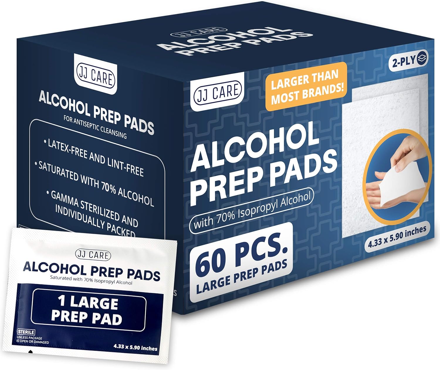 JJ CARE Large Alcohol Prep Pads, Isopropyl Alcohol 70%, 4.33 x5.90" Wipes, Individually Wrapped Alcohol Swabs, Large 2-Ply Pads