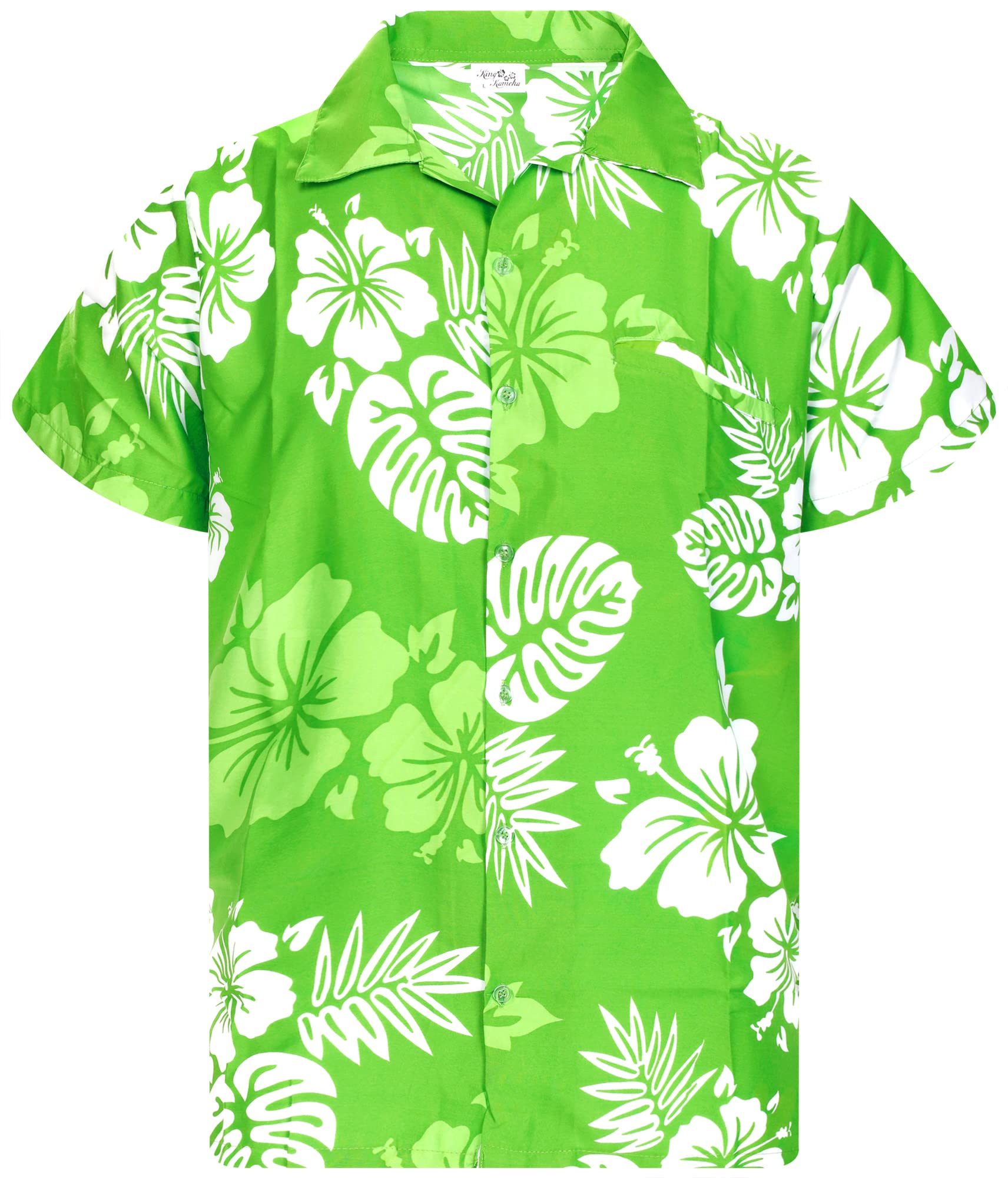 King Kameha Floral Hawaiian Shirt for Men – Tropical Men’s Hawaiian Shirt Short Sleeve, Mono-Hibiscus, Green-White, L