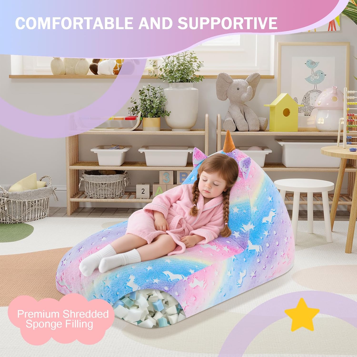 COMAX Unicorn Bean Bag Chairs for Kids 8-12, Kid Beanbag Chair with Filler, Big Toddler Lounge Bean Chair, Children Lazy Floor Lounger for Girls Boys, Glowing Rainbow