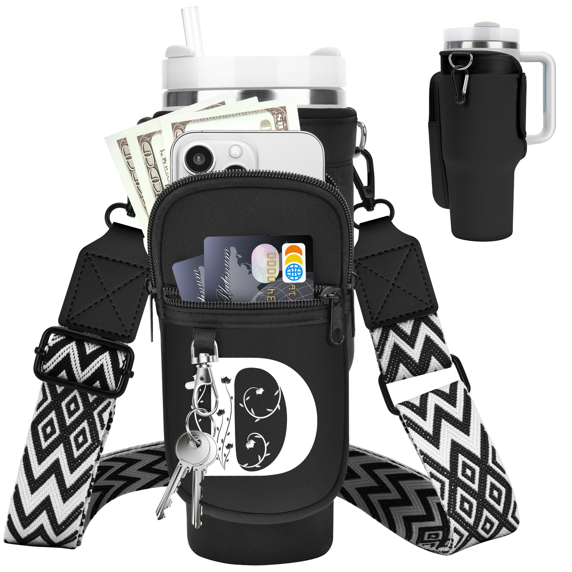 Initial Water Bottle Holder with Strap for Stanley Cup 40 oz Tumbler