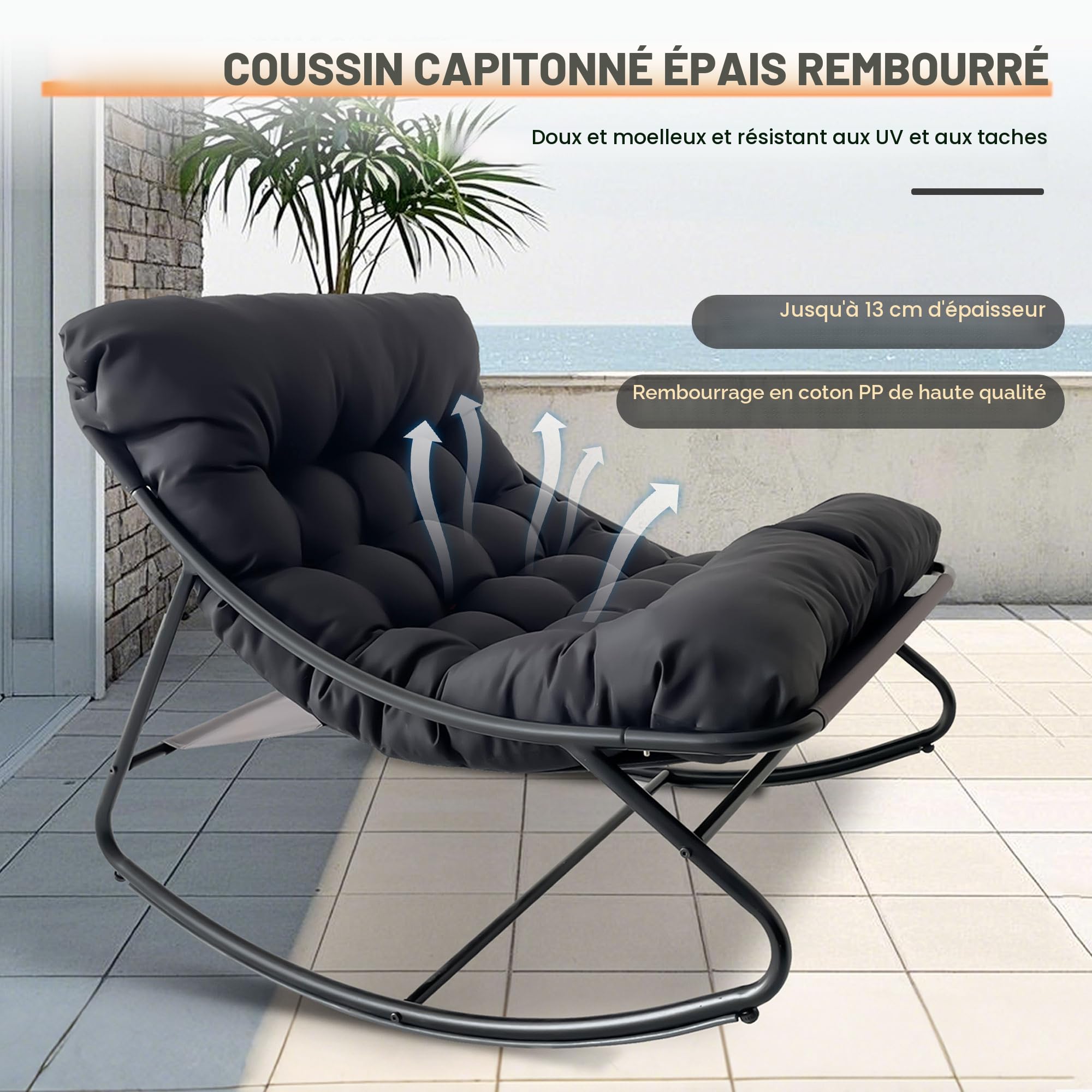 Fauteuil à Bascule avec Coussin, Chaise a Bascule d'Intérieur et d'Extérieur, Rocking Chair avec Repose-Pieds, Chaise Papasan, Cadre en Métal, Capacité 150 kg, pour Jardin Patio Salon Balcon (Gris)