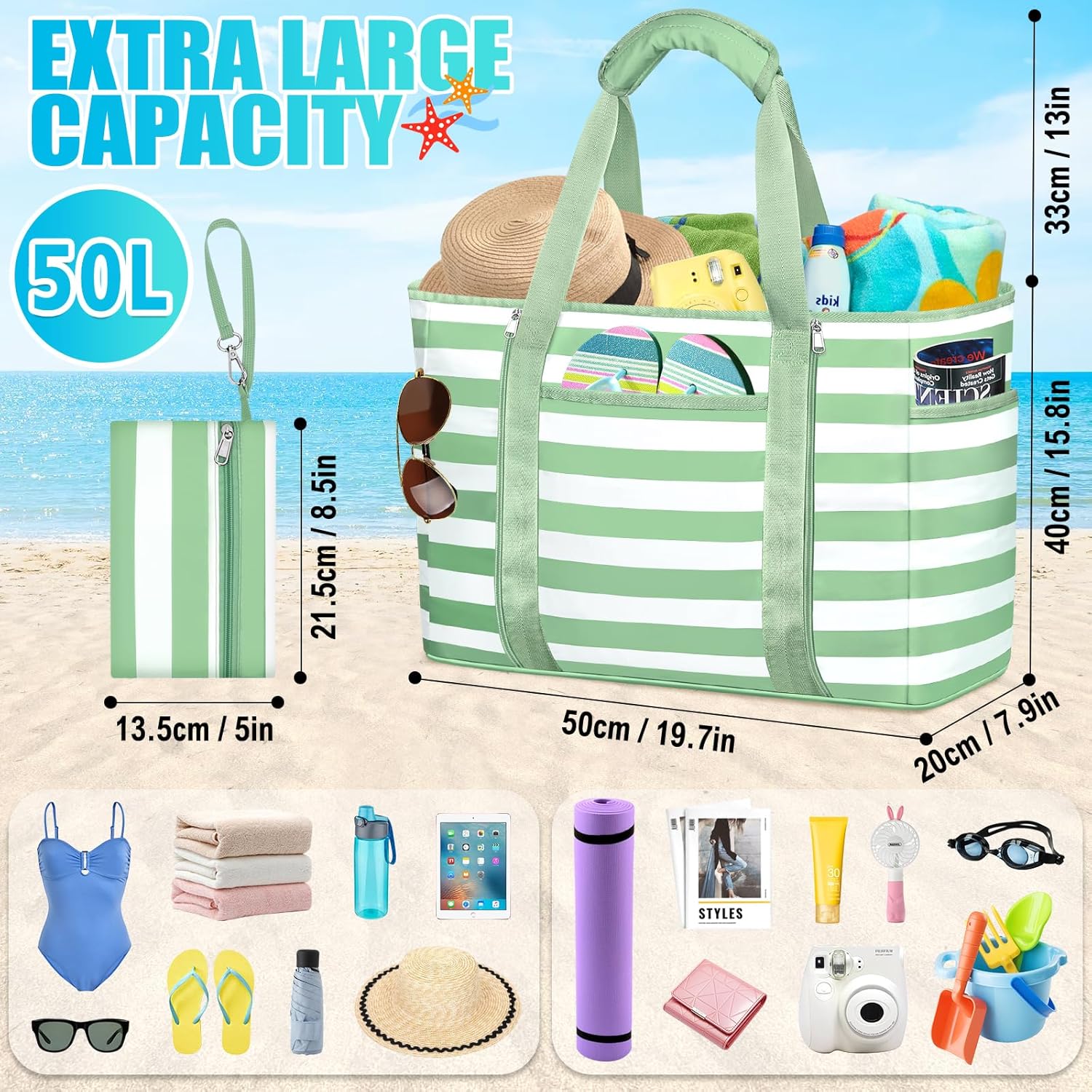 Extra Large Beach Bags for Women, Waterproof Sandproof Beach Tote Bag Foldable Swim Pool Bag with Zipper and Wet Pocket - Image 5