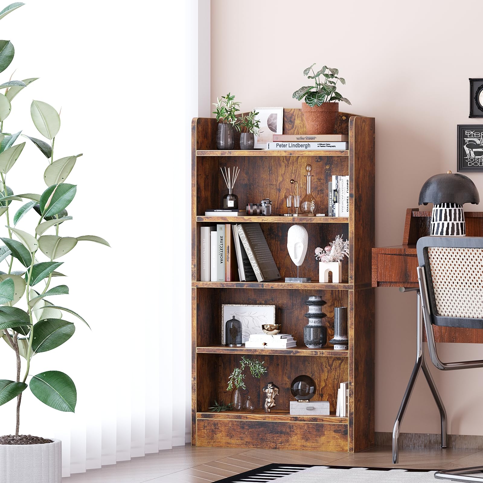 YQ JENMW 5 Shelf Bookcase Bookshelf Open Bookcase Storage Shelves Floor Standing Unit Display Rack Mid-Century Modern Bookcase Retro Wood Bookshelves Storage Organizer Shelf for Bedroom,Living Room