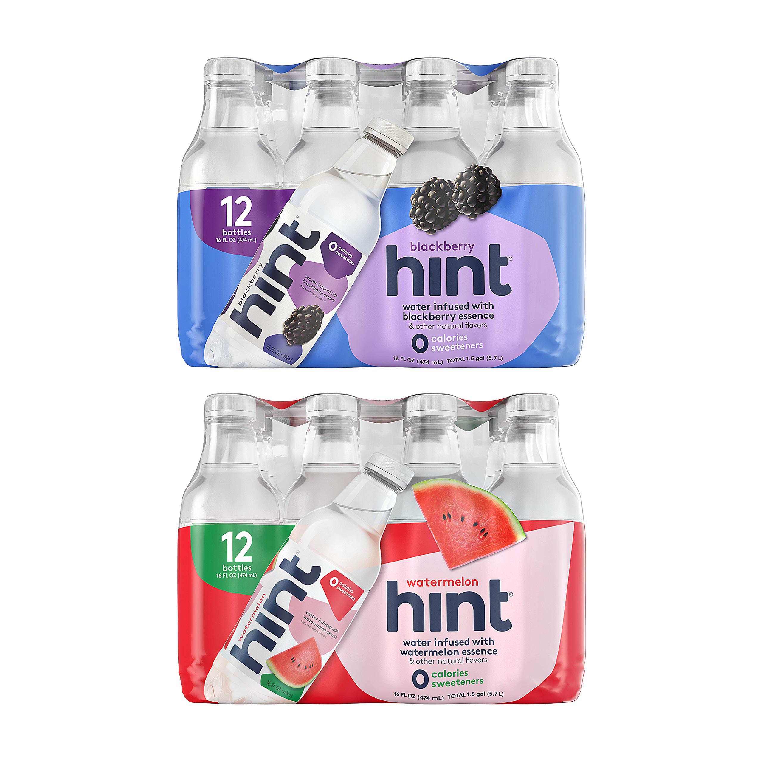 Hint Water Blackberry and Watermelon, 12 Bottles Hint Blackberry & 12 Bottles Hint Watermelon, Zero Calories, Zero Sugar and Zero Diet Sweeteners, 16 Fl Oz (Pack of 24)