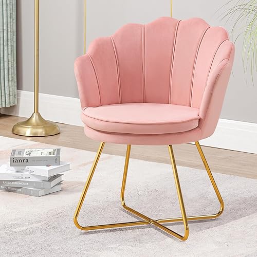 Miniatura 11 de Furniliving Sillas de tocador rosas, silla de maquillaje de terciopelo para dormitorio, silla de escritorio de oficina en casa con patas chapadas en