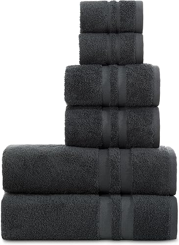 Juego de 6 toallas premium, 2 toallas de baño, 2 toallas de mano, 2 toallitas, 100% algodón turco suave y absorbente (gris oscuro, juego de 6 Gris