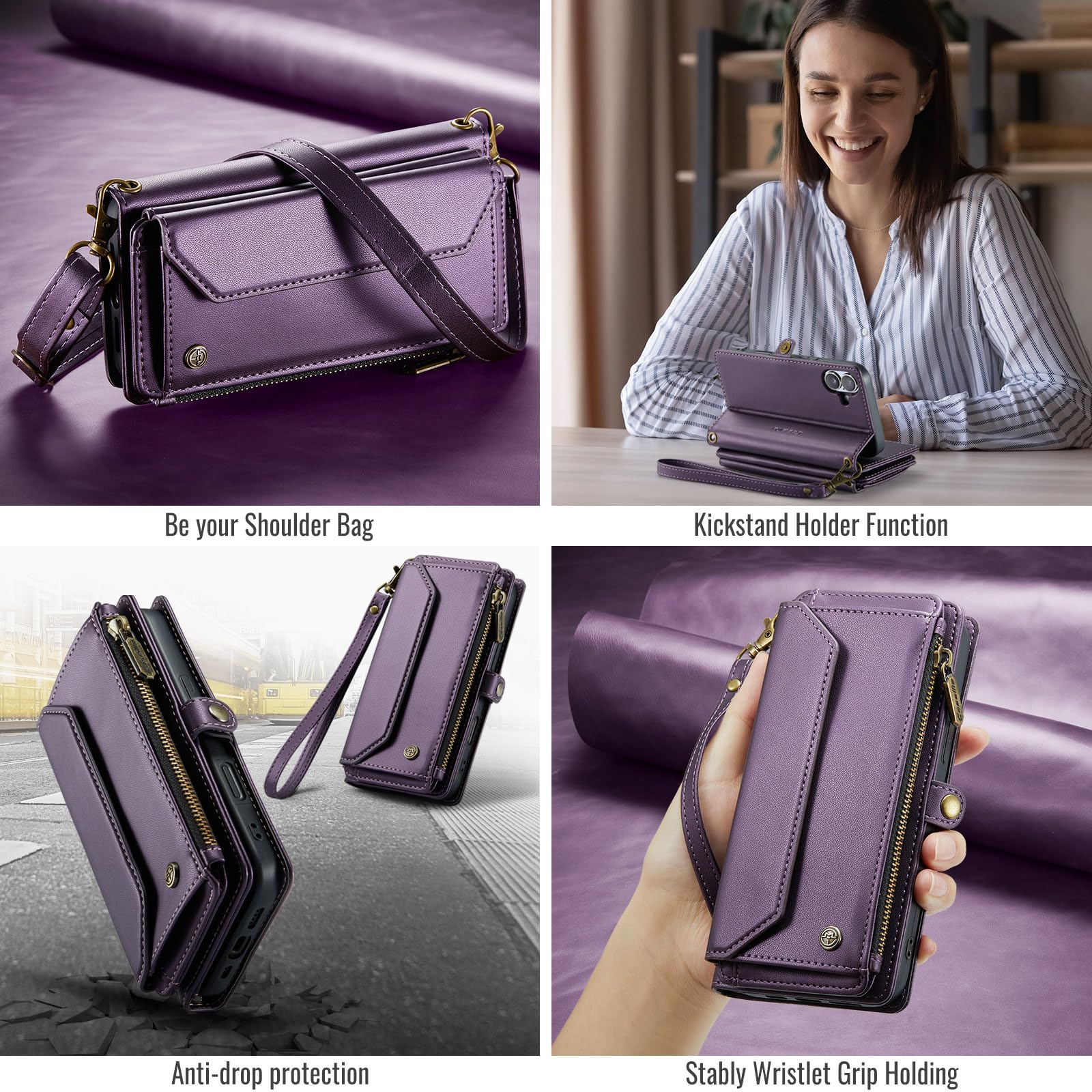 Dteck Custodia a portafoglio per iPhone 16 2024, con tracolla e cordino da polso, blocco RFID, slot per carte e tasche, custodia protettiva in pelle PU con funzione borsa/supporto, viola