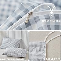 Vista 4 de DuShow Juego de funda de edredón de microfibra lavada a cuadros azul polvoriento, juego de funda de edredón de 3 piezas reversible suave