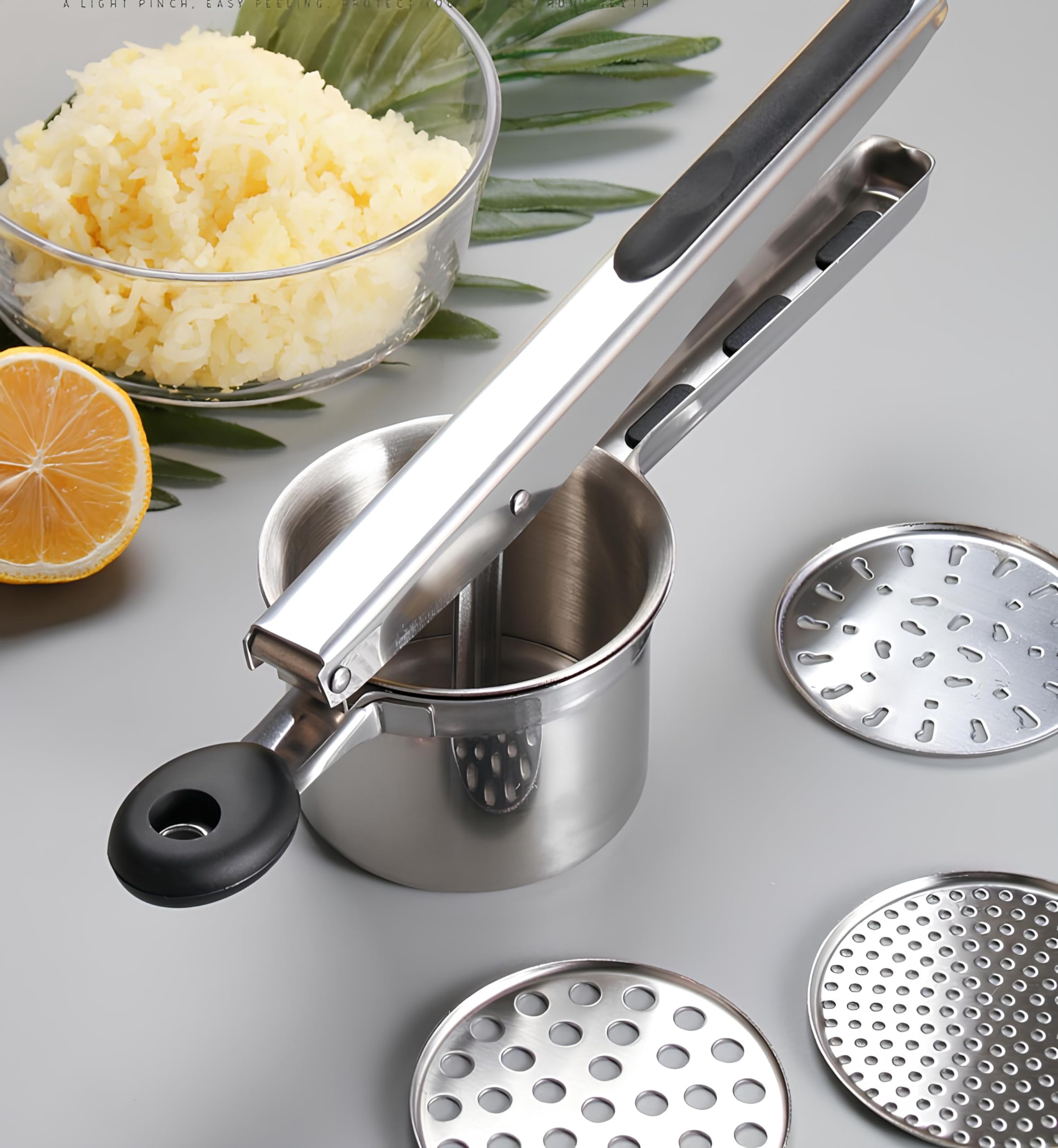 Schiacciapatate In Acciaio Inox Con 4 Dischi Intercambiabili - Schiaccia Verdure Manuale, Manico Lungo Antiscivolo