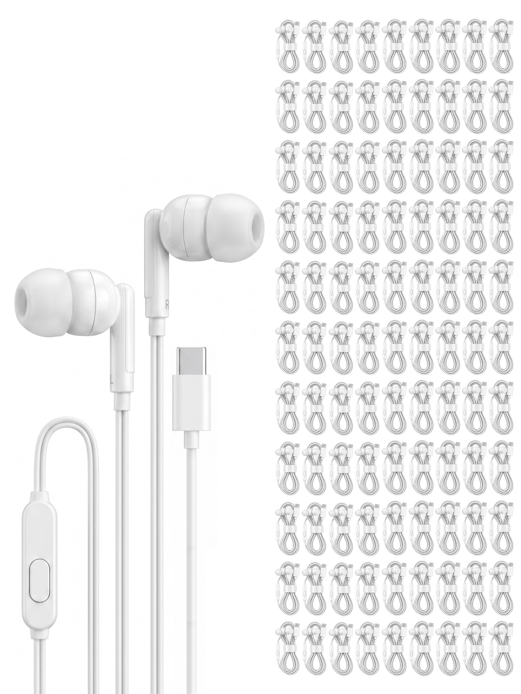 Pearl Lot de 100 écouteurs filaires USB C en vrac pour iPhone 17, 16, 15 Pro Max Plus, Galaxy, Chromebook, iPad, casque filaire de type C sans microphone pour l'école, les dons, les événements en