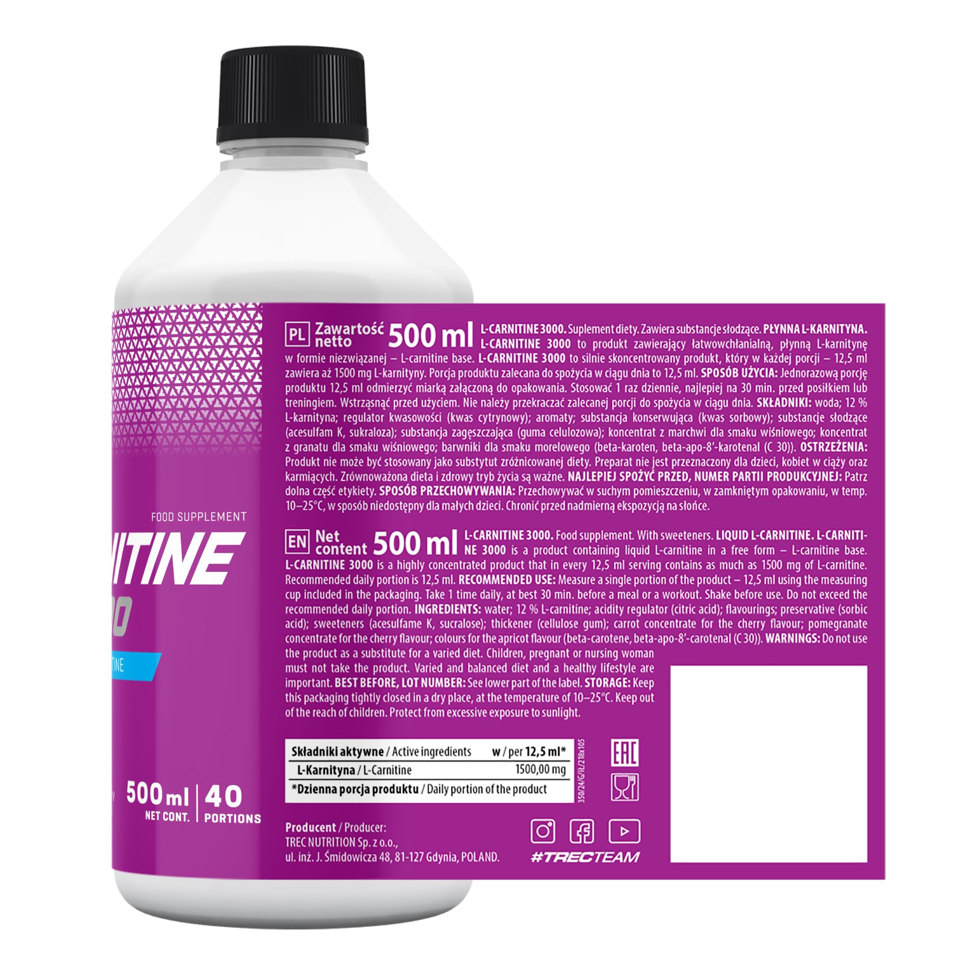 TREC Nutrition L-Carnitine 3000 Gel  Sweet Cherry Flavour  500ml  3000mg  L-Carnitine per Serving  Energy, Fat Metabolism & Performance Support  ...
