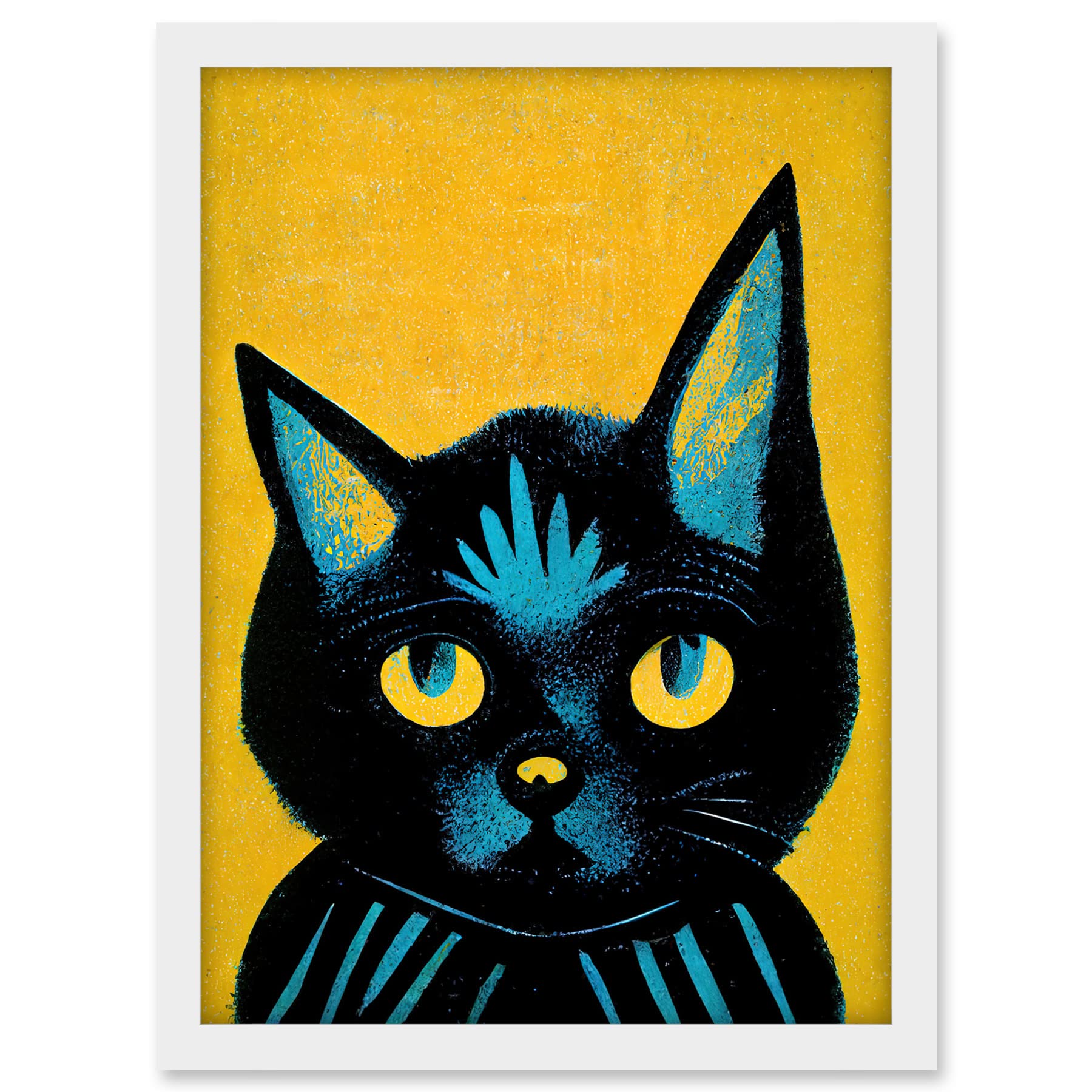 Wee Blue Coo Quirky Bold Black Cat Yellow Blue Artwork Framed A3 Wall Art Print