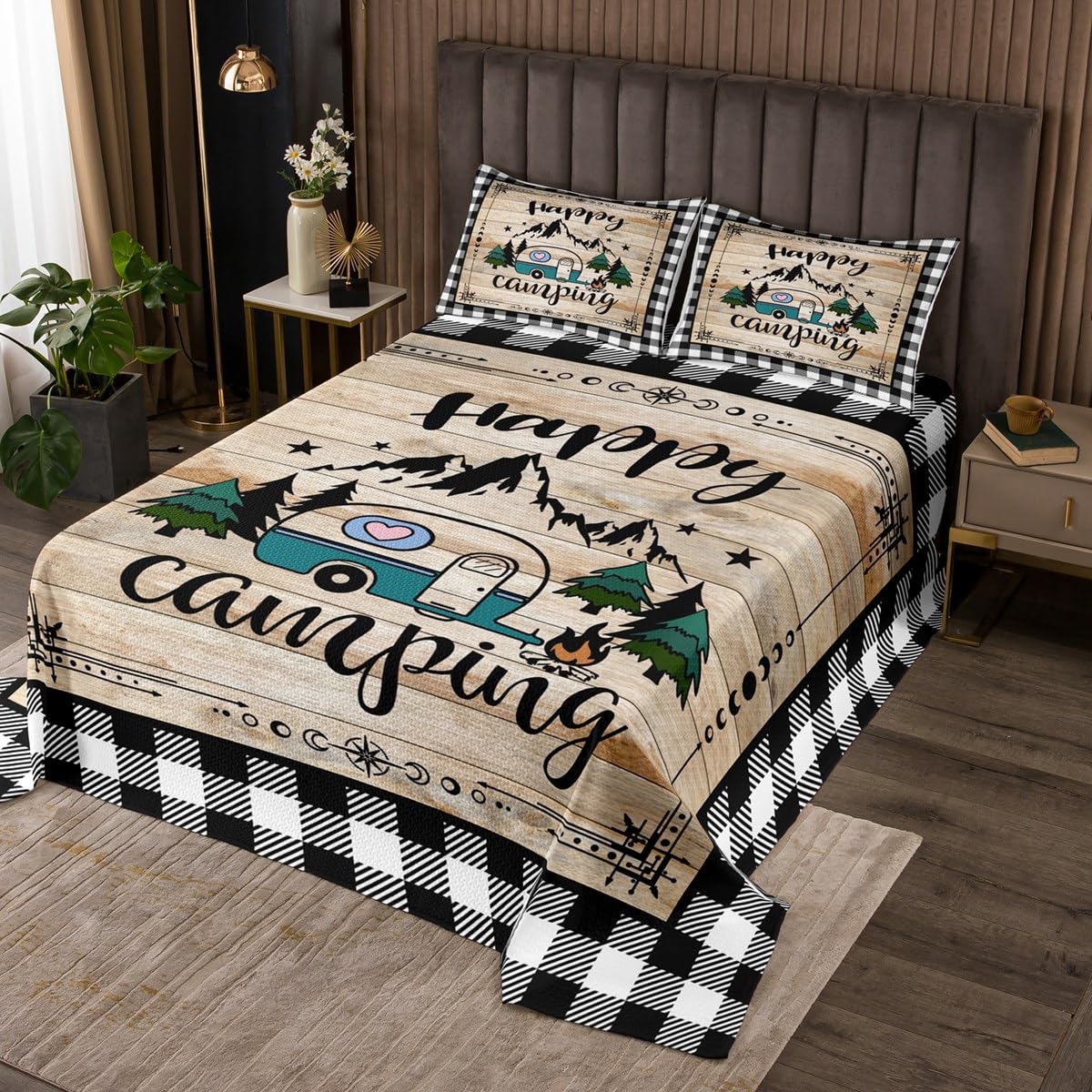 Erosebridal Camp Travel Car Quilt Set Balck and White Buffalo Plaid Queen Bedspread Set for Girls,Camping Decor for Camper Coverlet Set,Vintage Brown Barn Door Plank Cottage Cabin Farmhouse Decor