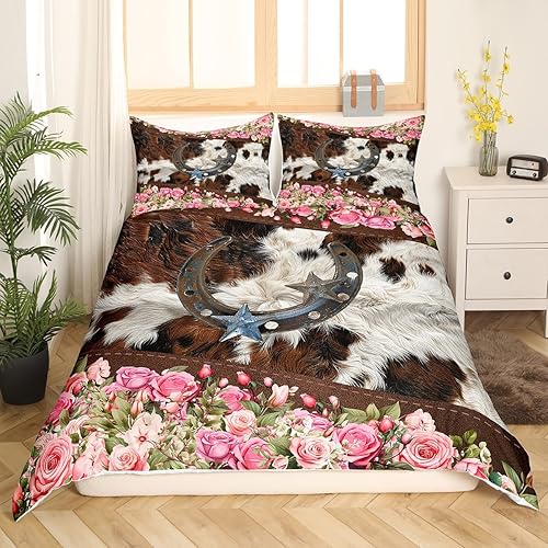 Miniatura 3 de Manfei Juego de funda de edredón de herraduras tamaño matrimonial, juego de ropa de cama de flores rosas rosas de 3 piezas para niños y niñas,