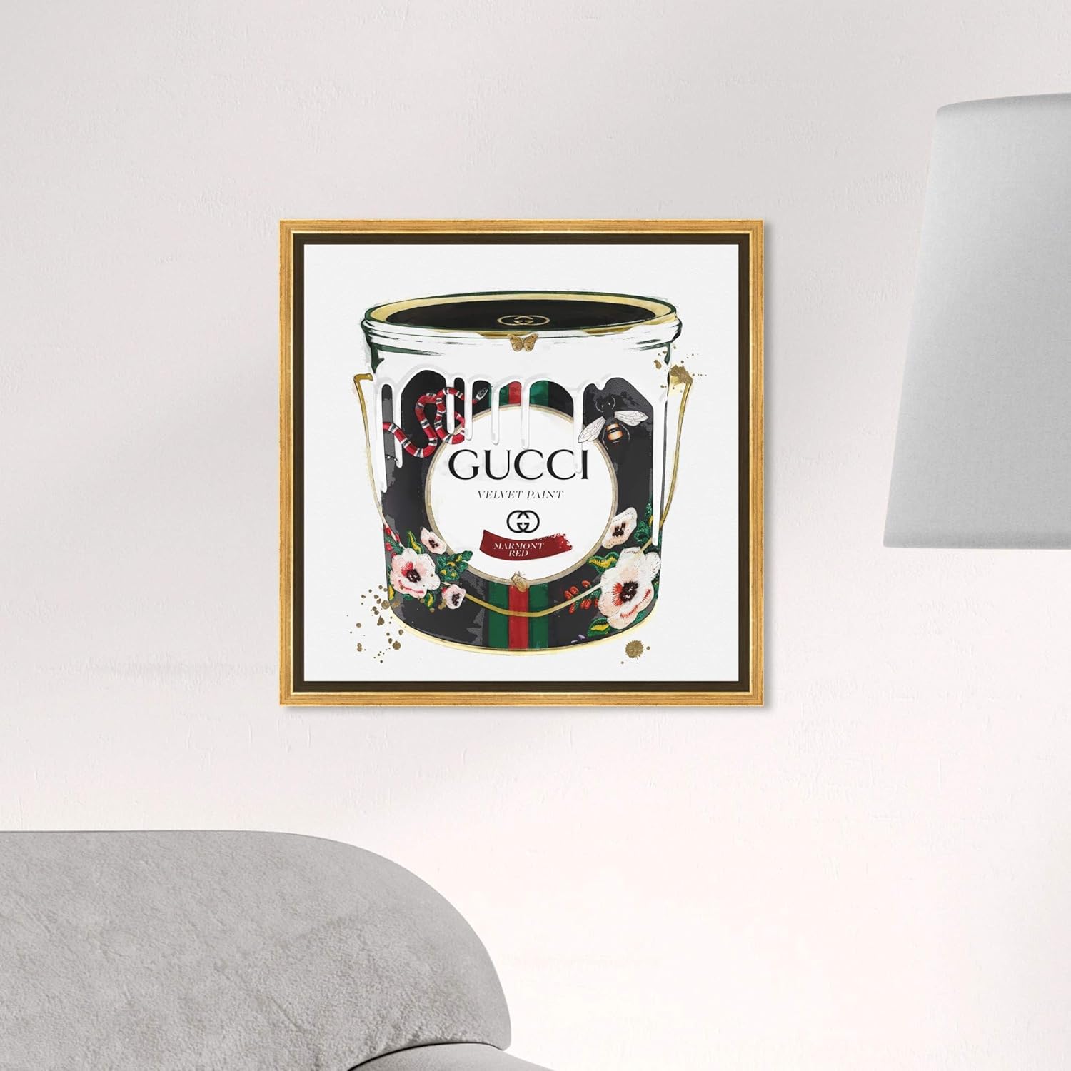 The Oliver Gal Artist Co. Fashion and Glam Framed Wall Art Canvas Prints 'Velvet Marmont Paint Cans Home Décor, 16 in x 16 in, Black, Gold