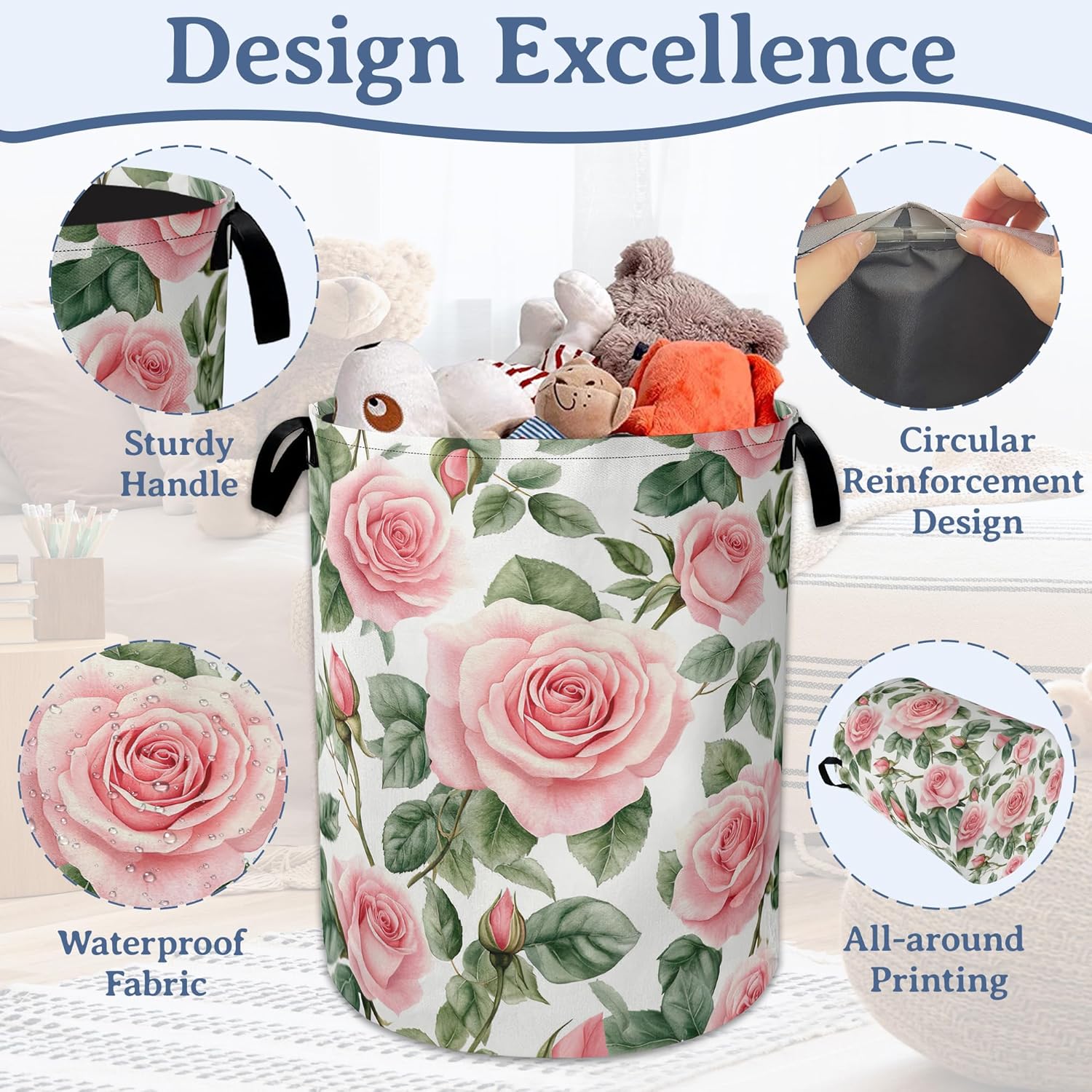 Flowers Laundry Basket,Foldable Oxford Cloth Vintage Pink Roses Laundry Hamper With Handle, 20.8"x16" Portable Clothes Storage Basket Bag for Laundry Room/Bathroom/Bedroom/Dormitories