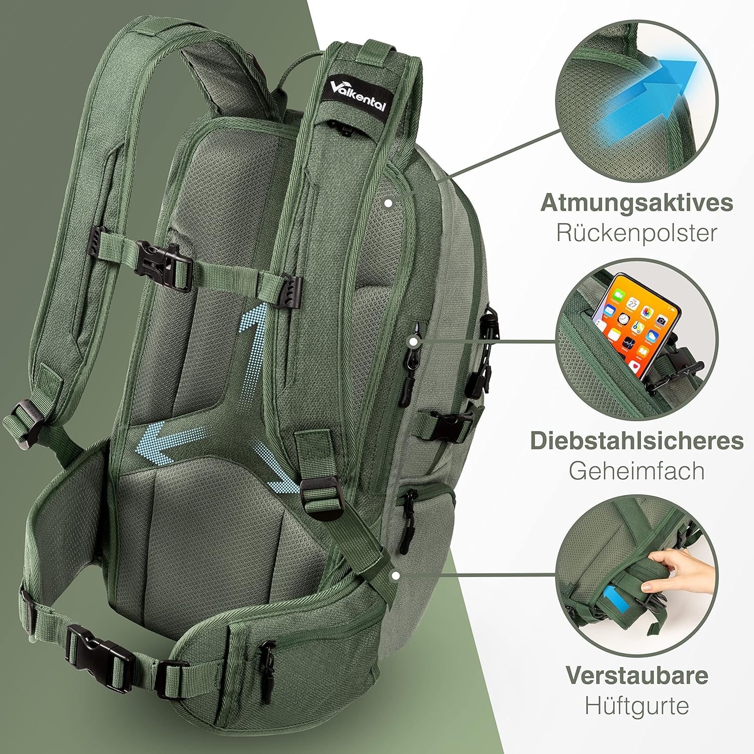 Valkental - Innovativer Rucksack mit perfekter Aufteilung (22L) Erweiterbares Volumen (Kein Schwitzen) Wanderrucksack, Trekkingrucksack, Fahrradrucksack & Outdoor Rucksack - Wasserfest & Reflektierend