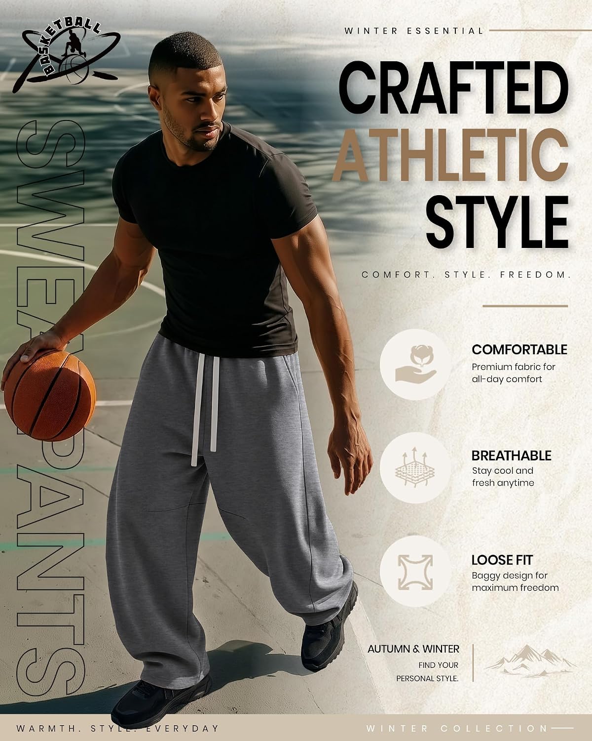 Men's Fleece Baggy Sweatpants Wide Leg Barrel Sweat Pants Elastic Waist Drawstring Athletic Gym Pants with Pockets