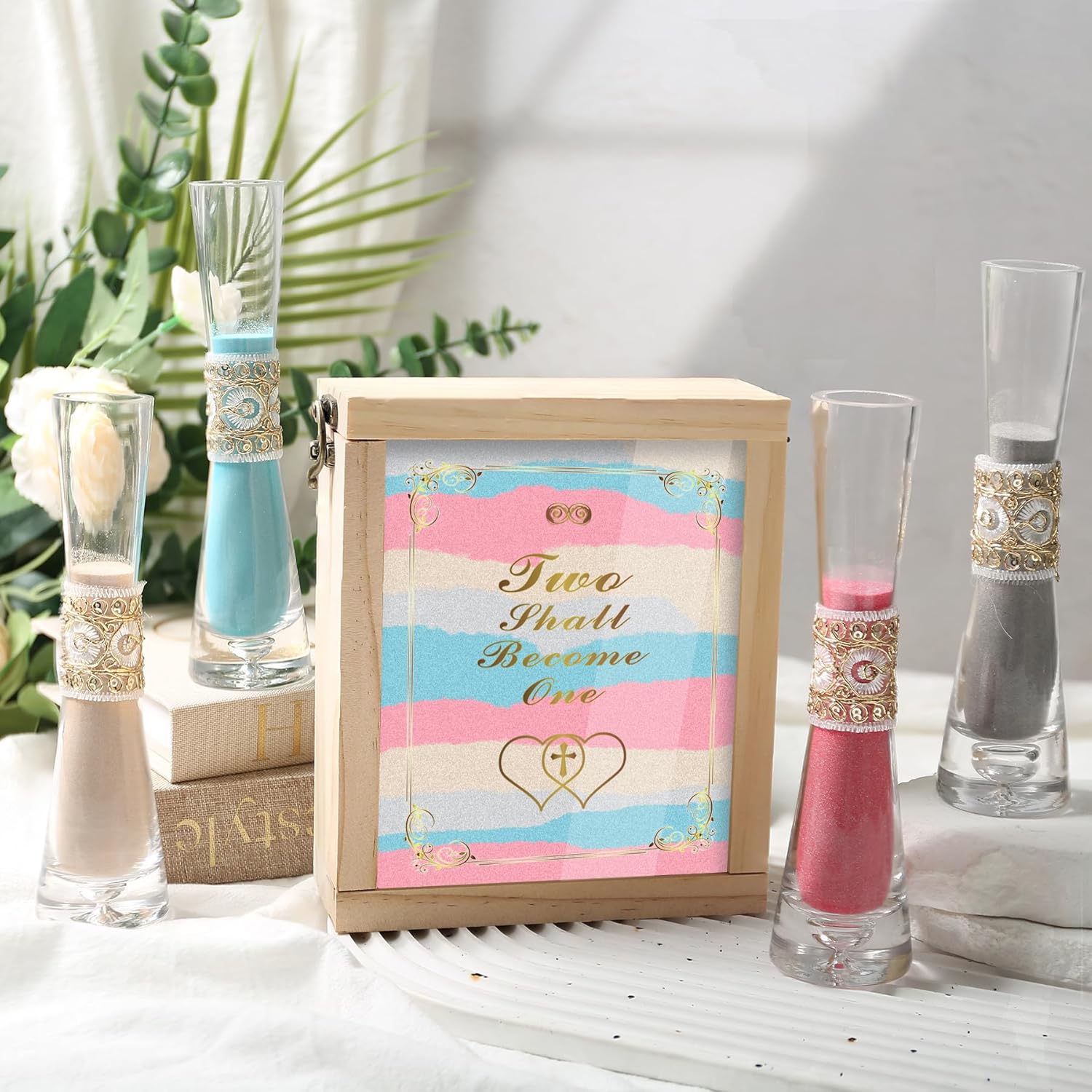 Unity Sand for Wedding Ceremony Set - LIKEYO 9 PCS Unity Ceremony Kit with A Wood Box & Four Vases & Four Colored Sands, Outdoor Wedding Decoration Ideas, Marriage Party Gift Set for Bride Bridegroom