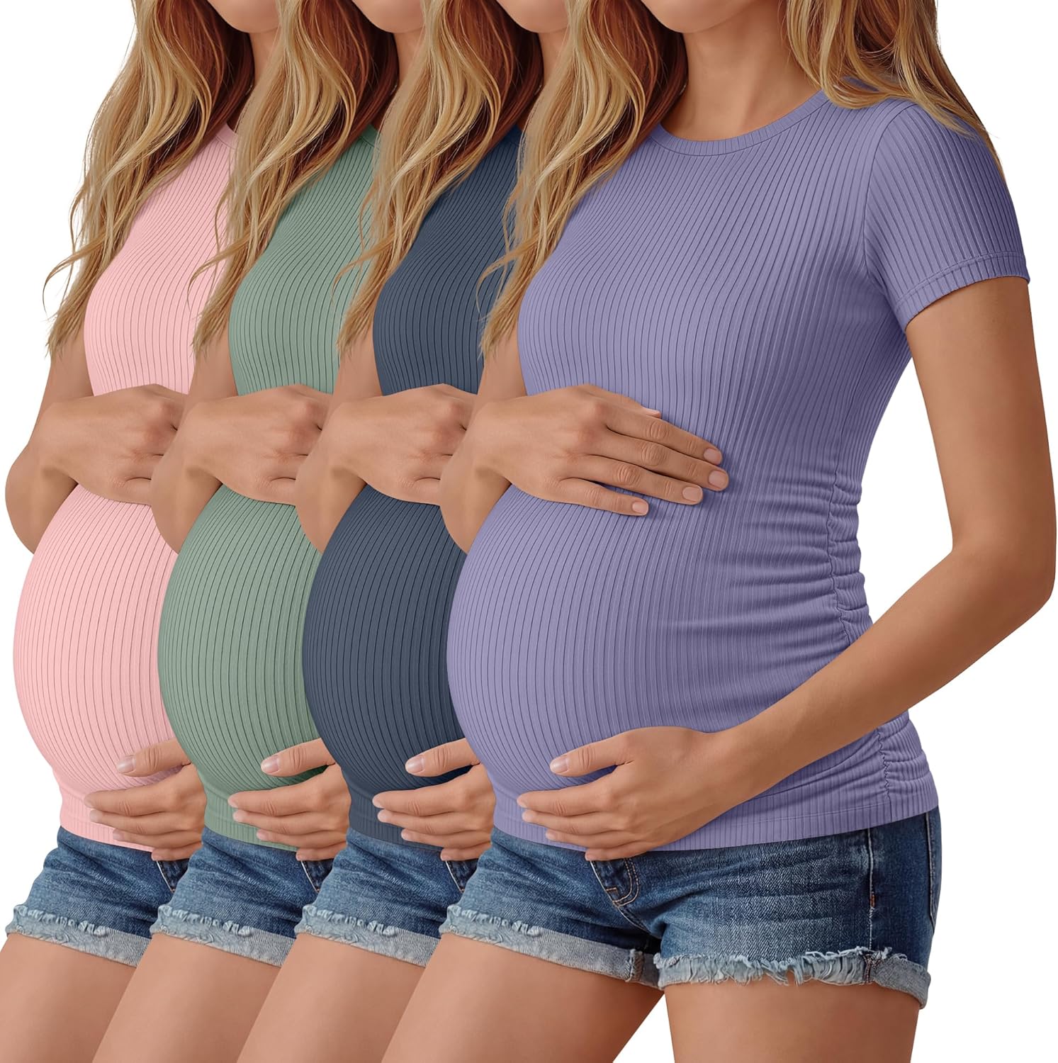 Neer 4 Pack Women's Maternity Shirts Ribbed Short Sleeve Maternity Tops Crew Neck Cotton Tee Side Ruched Pregnancy Clothes