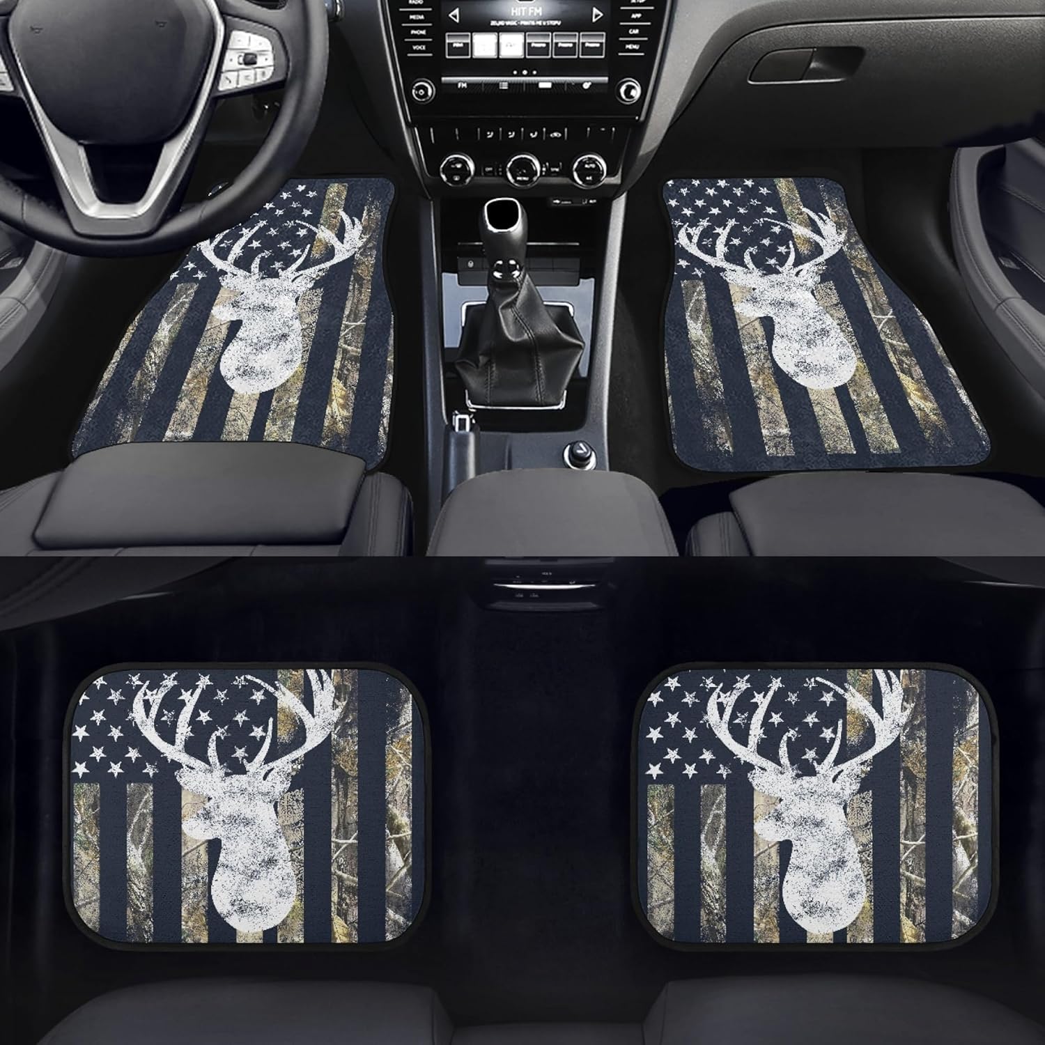 Camo Deer Car Floor Mats Set of 4,USA Camo Buck Deer Hunting American Flag Vehicle Front Rear Carpets Mats Universal Car Floor Rugs Non-Slip Auto Car Decor Accessories for Car SUV Van Truck
