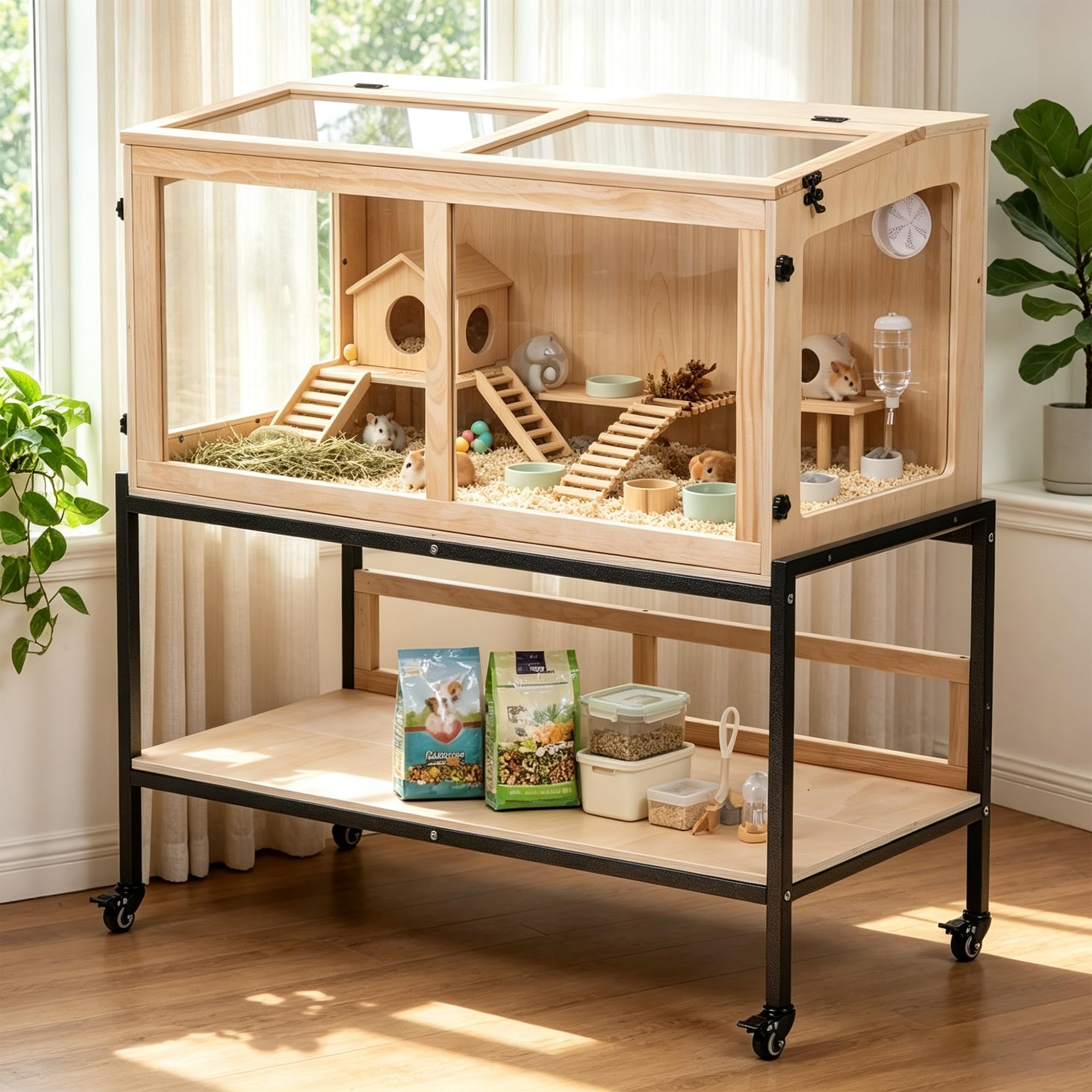 Amazon | 【広々大空間】ハムスターケージ 木製 大型 2段式 小動物用
