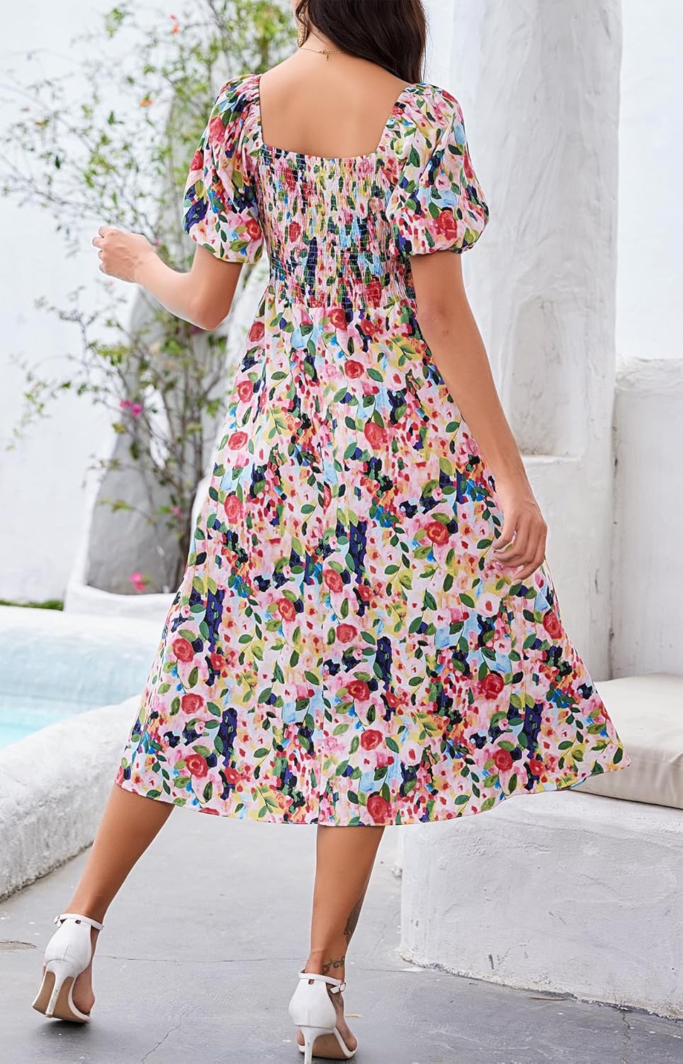Women's Square Neck Floral Long Dress Puff Short Sleeve High Waist Smocked Midi Dress - Image 5