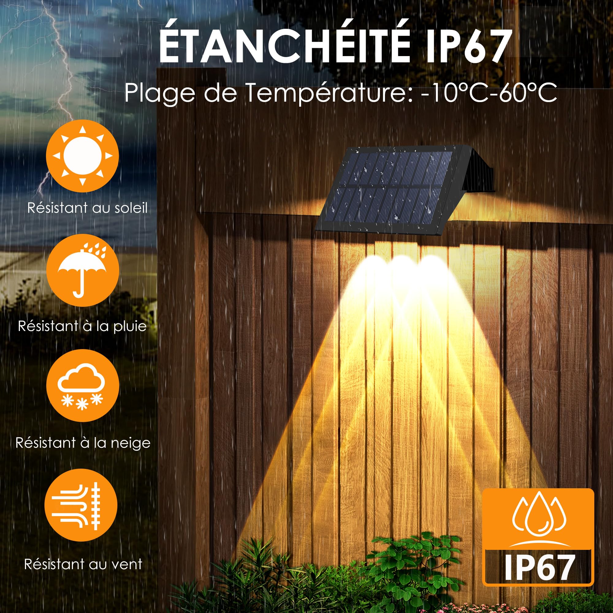 Applique Murale Exterieur Solaire Haut & Bas Lampe Solaire Exterieur Puissante Blanc Chaud LED Eclairage Exterieur Solaire Étanche IP67 Sans fil pour Clôture Jardin 6 Articles
