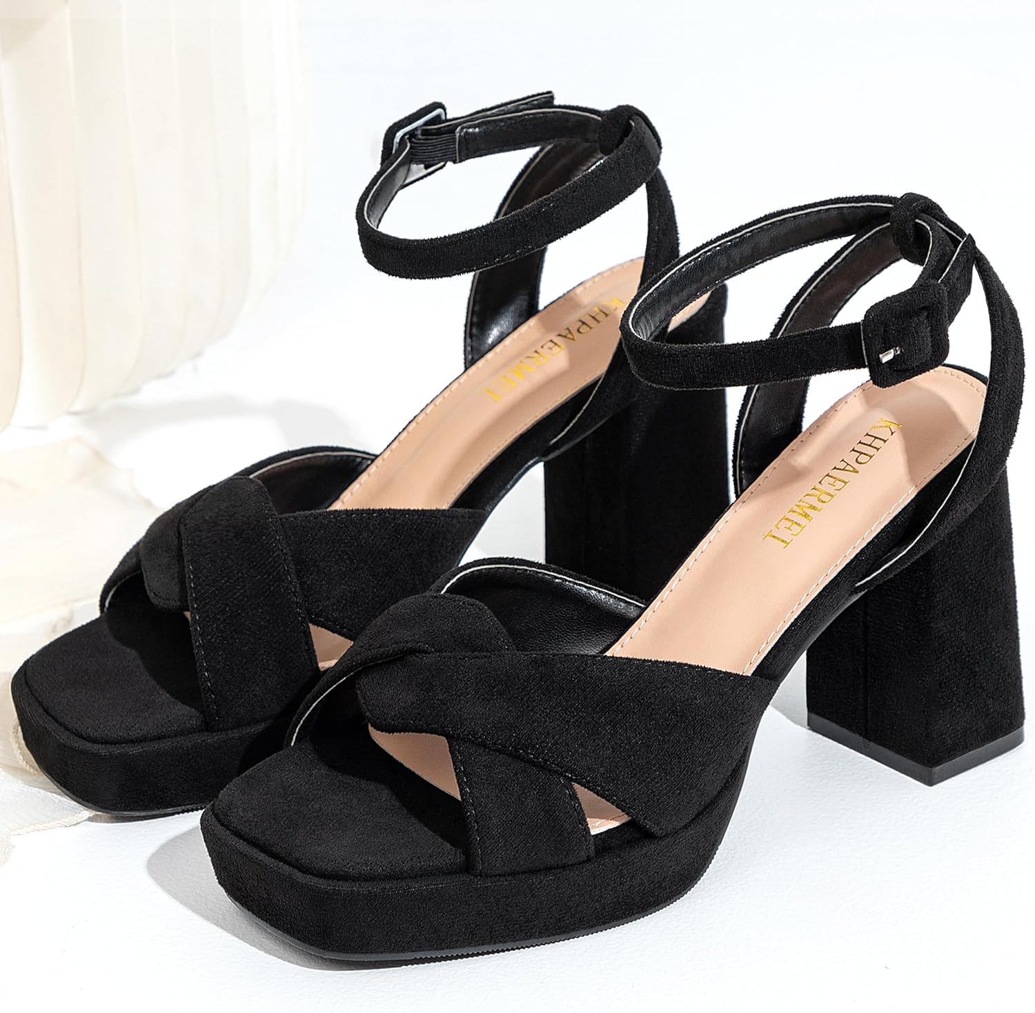 KHPAERMEI Chunky Platform Heels for Women 3.54 Inches Heeled Sandals Comfy Suede Open Toe Ankle Strap Dress High Heels Prom Wedding - Image 5