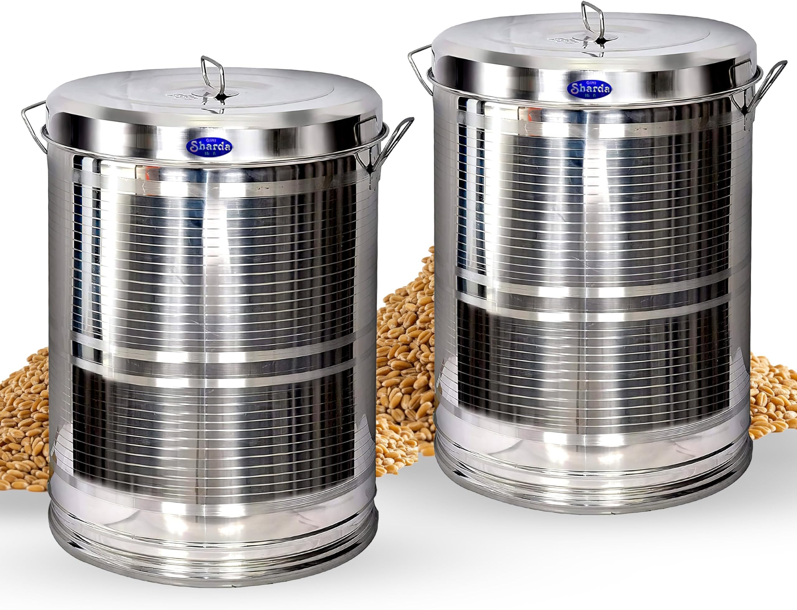Sharda Metals Stainless Steel Storage Container with Lid & Handle | Diwali Gifting 10kg Kitchen Drum for Wheat, Rice, Grains, Flour, Snacks | Aata Tanki/Dabba/Pawali – 12 Inch (Pack of 2)