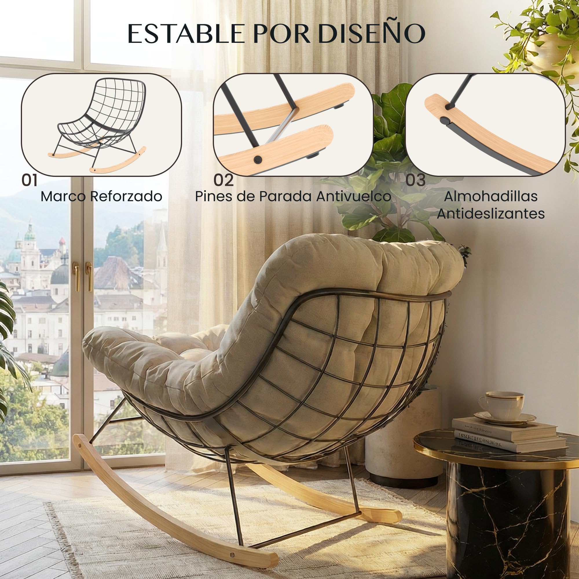 FLEXISPOT Sillón Mecedor XL, Silla de Lactancia Grande, Cojín Grueso Transpirable, Impermeable y Antidescolorante, Balanceo Suave, Estructura Metálica Estable, Salón, Dormitorio, Balcón, Jardín, Beige