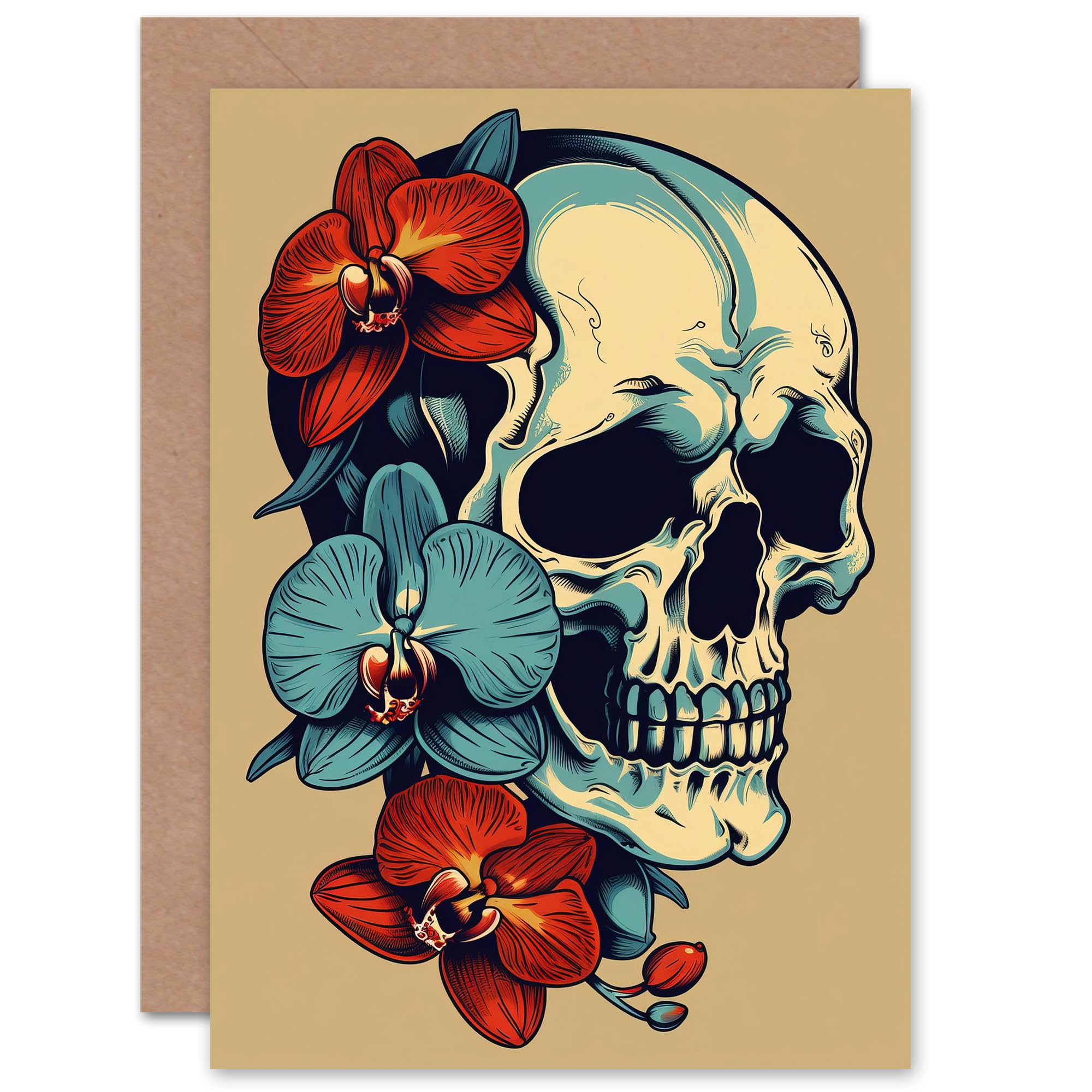 Artery8 Greeting Card - Skull & Orchid Flowers Goth Design