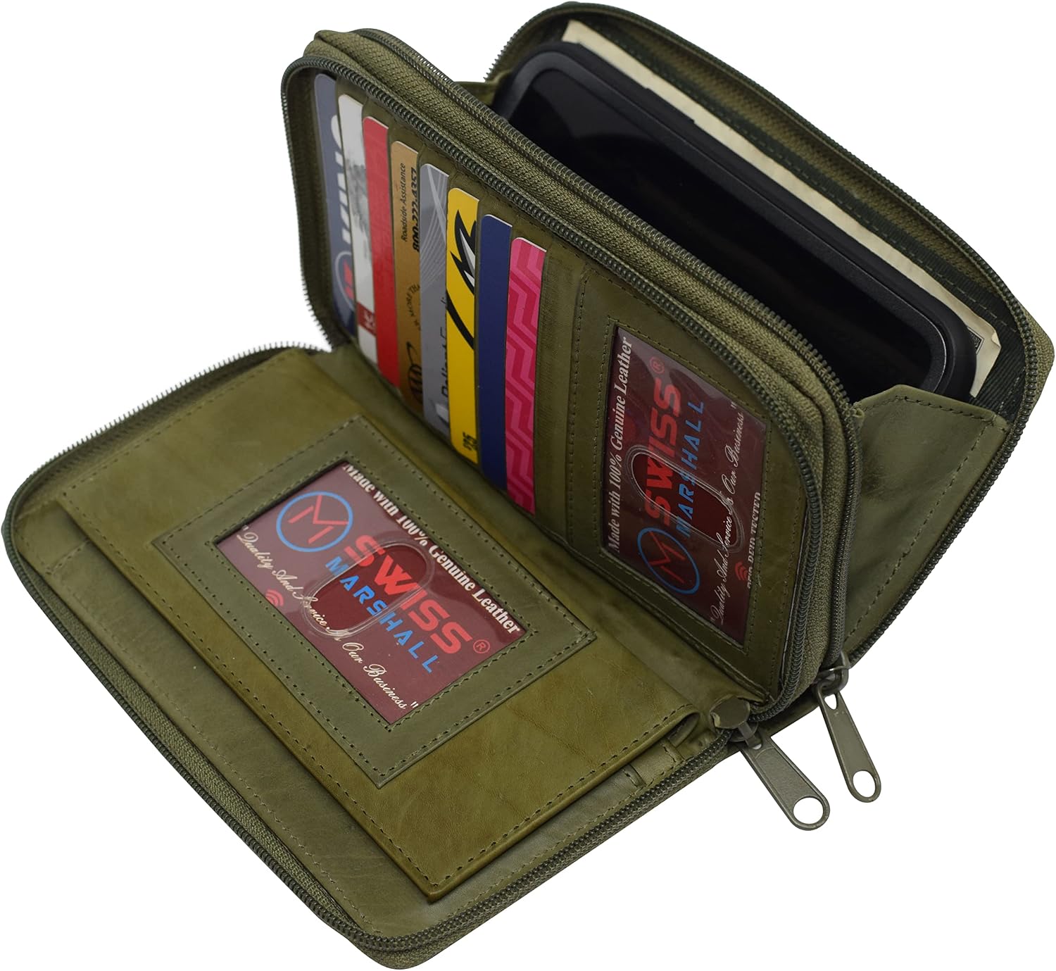 Women's RFID Blocking Double Zipper Smartphone Leather Wallet with Removable Checkbook Holder (Green)