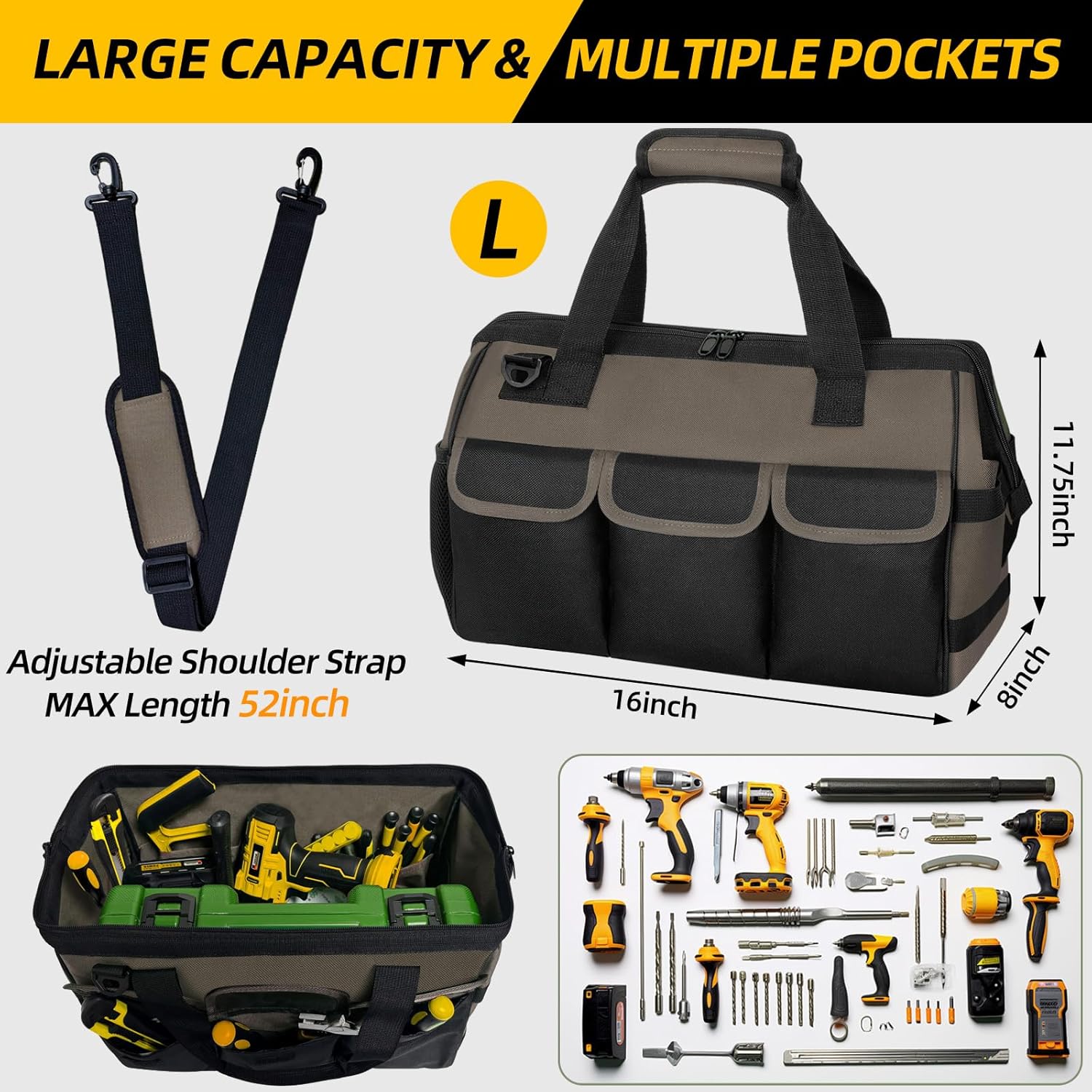 NECKORY Tool Bag, Portable Tool Box Organizer Adjustable Shoulder Strap, Carry Tool Tote Heavy Duty Tool Storage Bag With Wide Mouth,Tool Bags for Men Mechanic EngineerGift - L, Coffee & Black