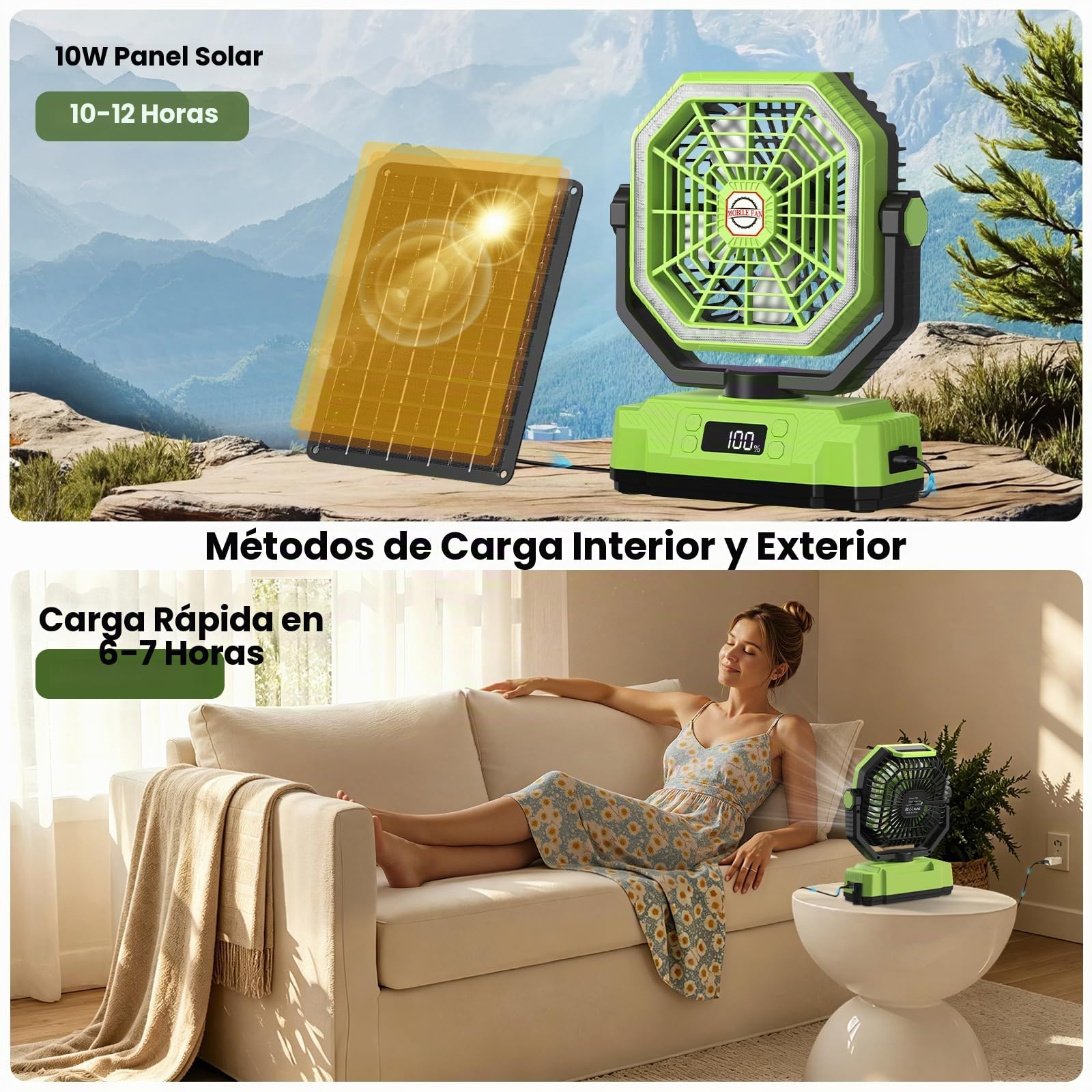 Ventilador Camping con Panel solar de 10 W, Pantalla Digital,Batería de 20000 mAh,Oscilación 270°,Control Remoto,Temporizador, luz LED,Gancho,Ventilador USB Portatil para Exterior y Hogar (Verde)