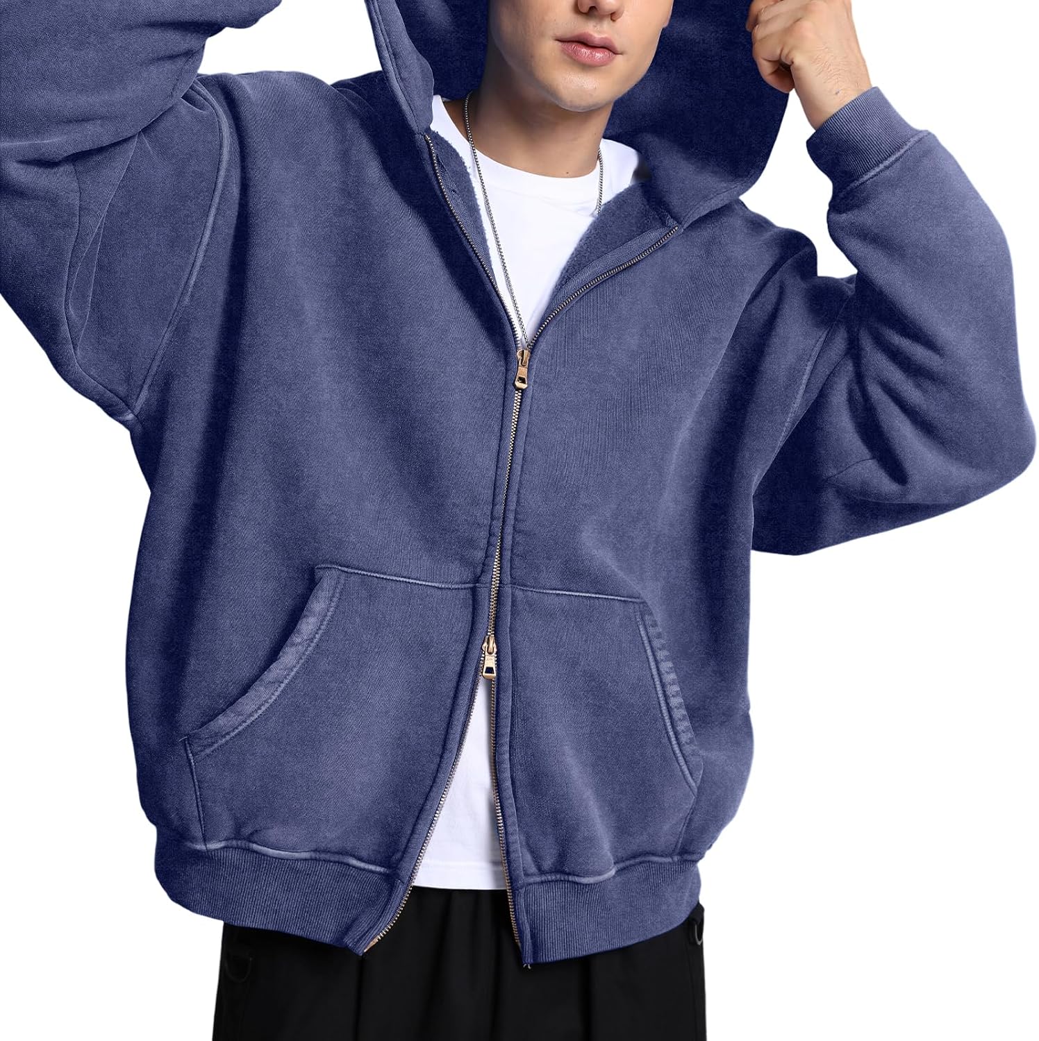 FAIABLE Mens Womens Double Zip Up Hoodie Oversized Acid Wash Hoodie Heavyweight Fleece Cotton Zipper Sweatshirt Vintage