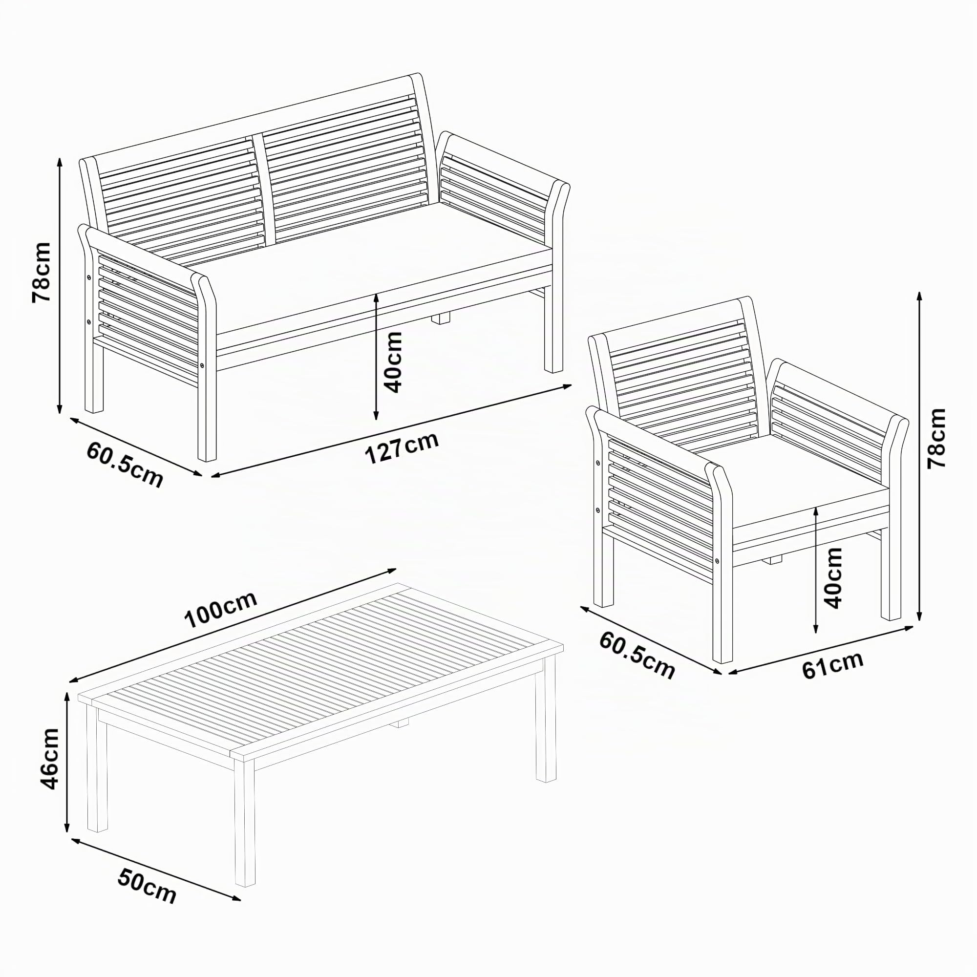 casa.pro Set Salottino per Esterno Mobili da Giardino Patio Terrazza Set Composto di Tavolo Divano e 2 Poltrone con Cuscini Arredo in Legno di Acacia
