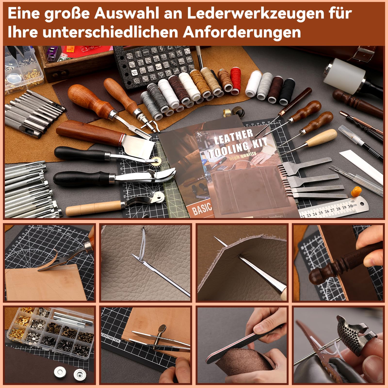 Benlay Leder-Werkzeugset mit Lederhandtasche, Lederhandwerkswerkzeuge mit gewachstem Faden, Druckknopf-Nieten-Schneidematte, Lederwerkzeuge zum Polieren von Leder, Nähen, Schnitzen und Schneiden