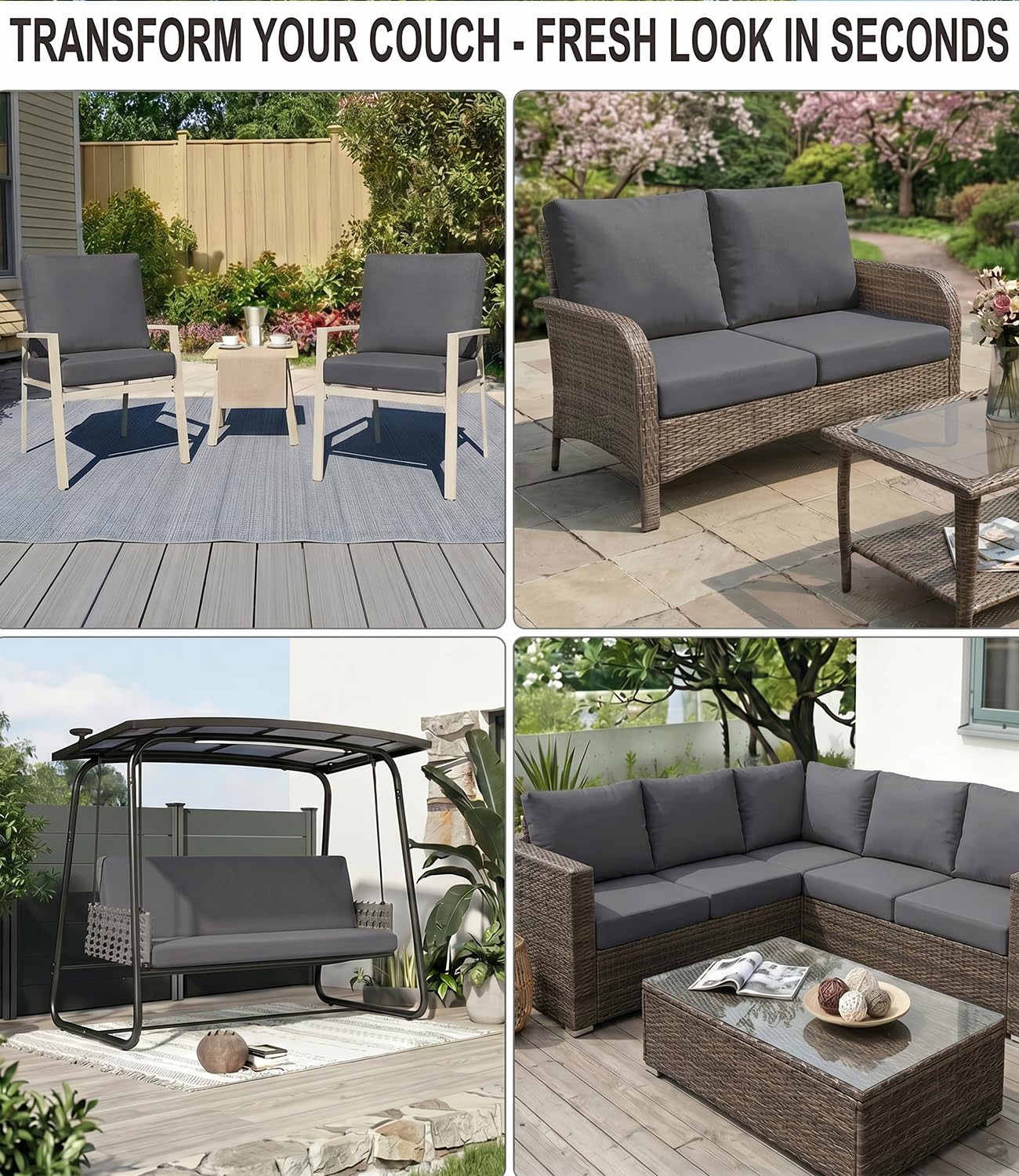 Hiseng Housses de Coussin de Canapé D'extérieur Extensibles Lot de 8, Gris Housses de Coussin de Siège Canapé de Remplacement pour Salon de Jardin, Meubles de Terrasse
