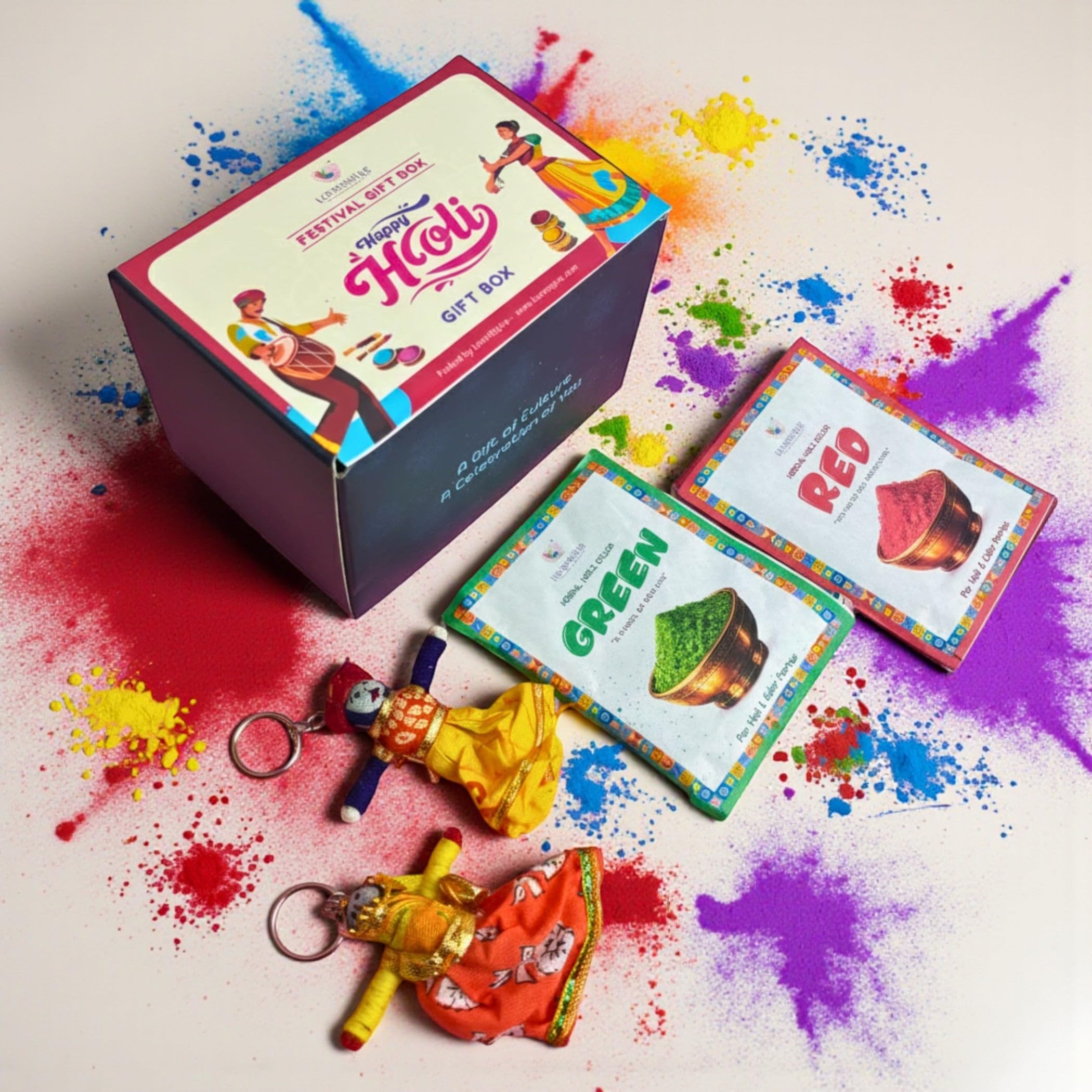 LoveNspire Handmade Holi Festival Gift Box - 2 Skin-Friendly Gulal Colors and 2 Ethnic Keychains, Holi Celebration Kit & Party Giveaways