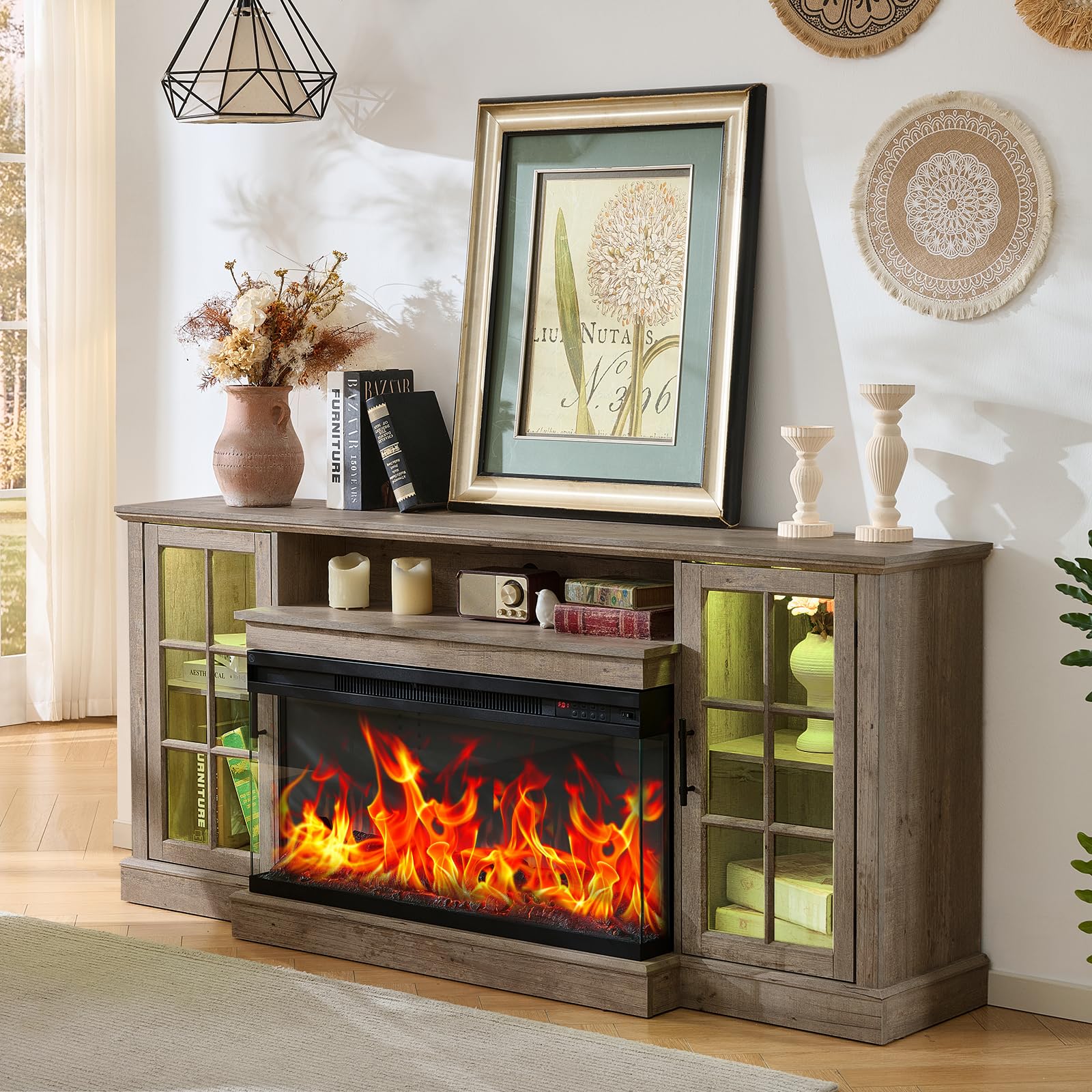 Photo 1 of ***FIREPLACE ONLY***ROCKPOINT 3 Sided Glass 70" Fireplace TV Stand for TVs up to 80inch, Media Entertainment Center with Glass Door Storage Cabinet,36" Electric Fireplace with LED Light and Flame Colors,Grey